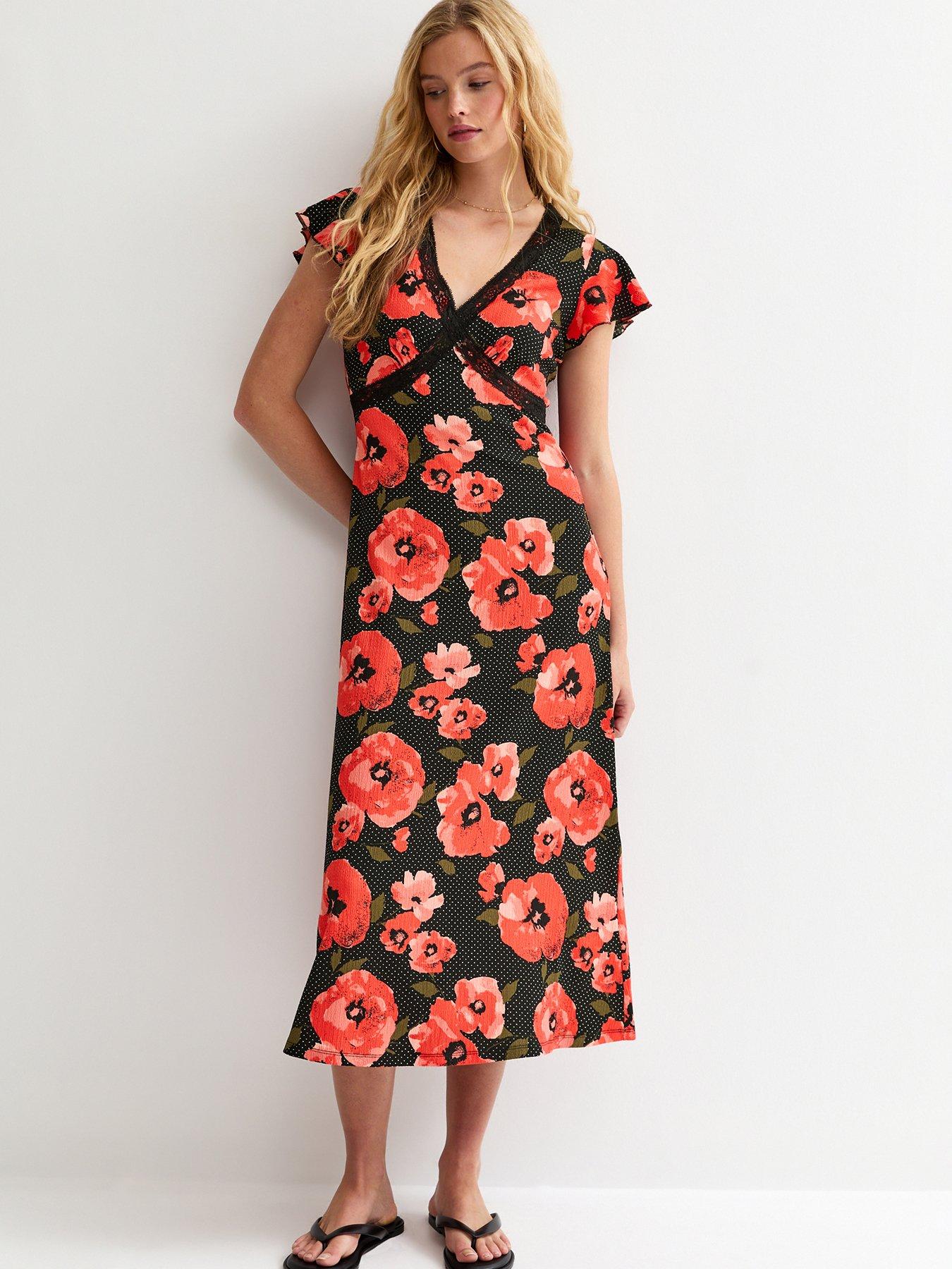 New Look Floral Print Flutter Sleeve Midi Dress - Red