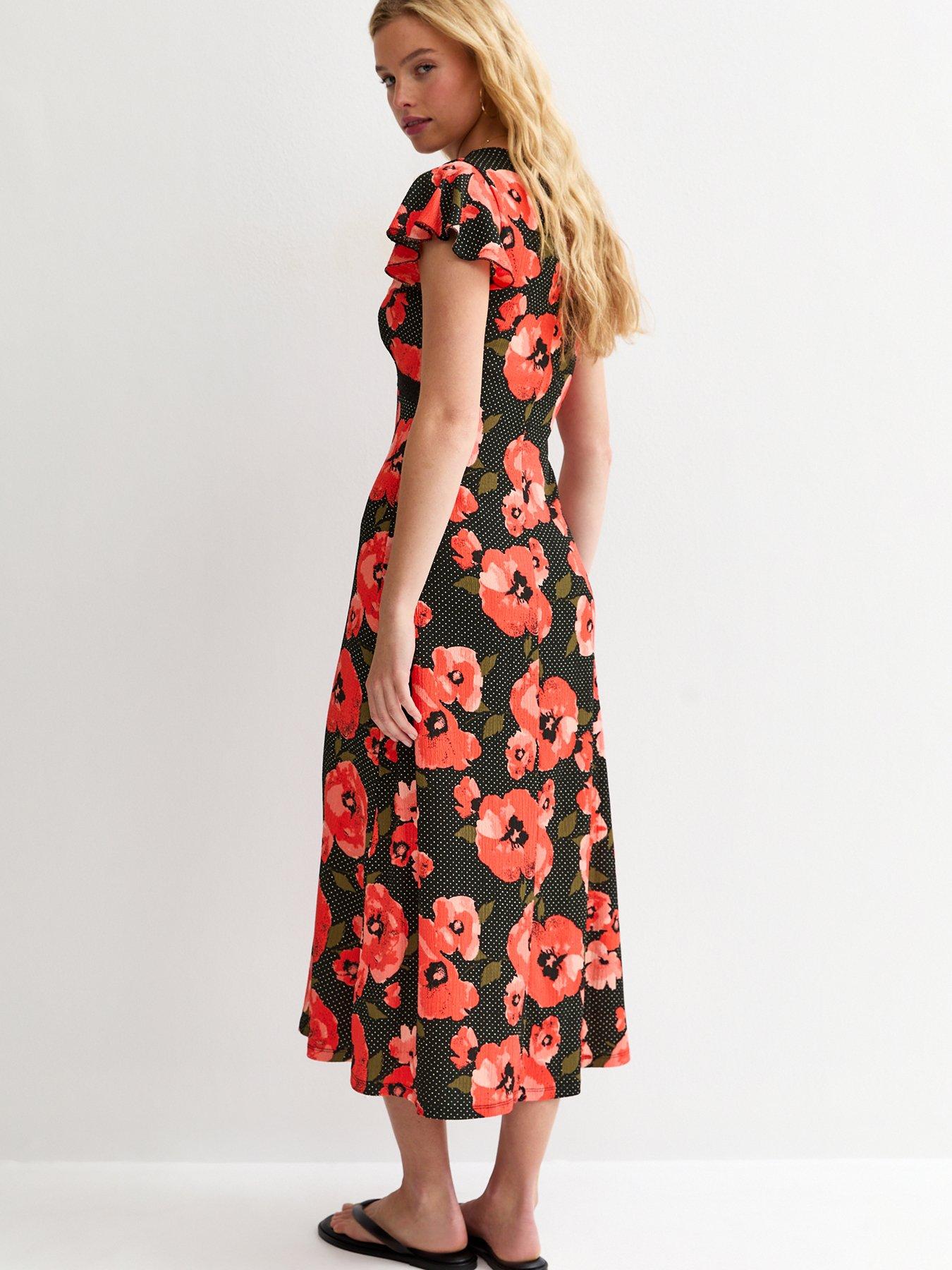 Image 2 of 5 of New Look Red Floral Print Flutter Sleeve Midi Dress