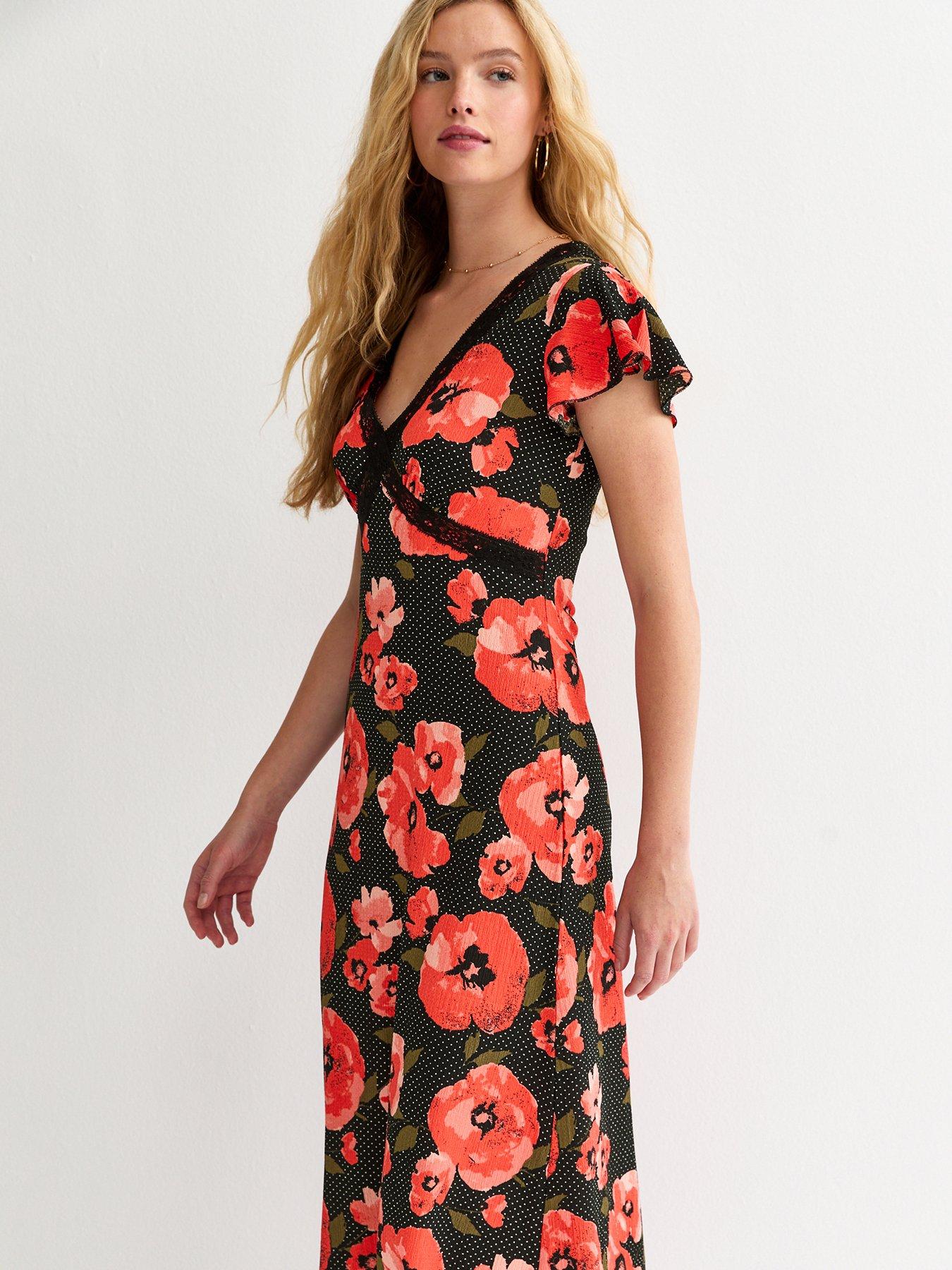 Image 3 of 5 of New Look Red Floral Print Flutter Sleeve Midi Dress