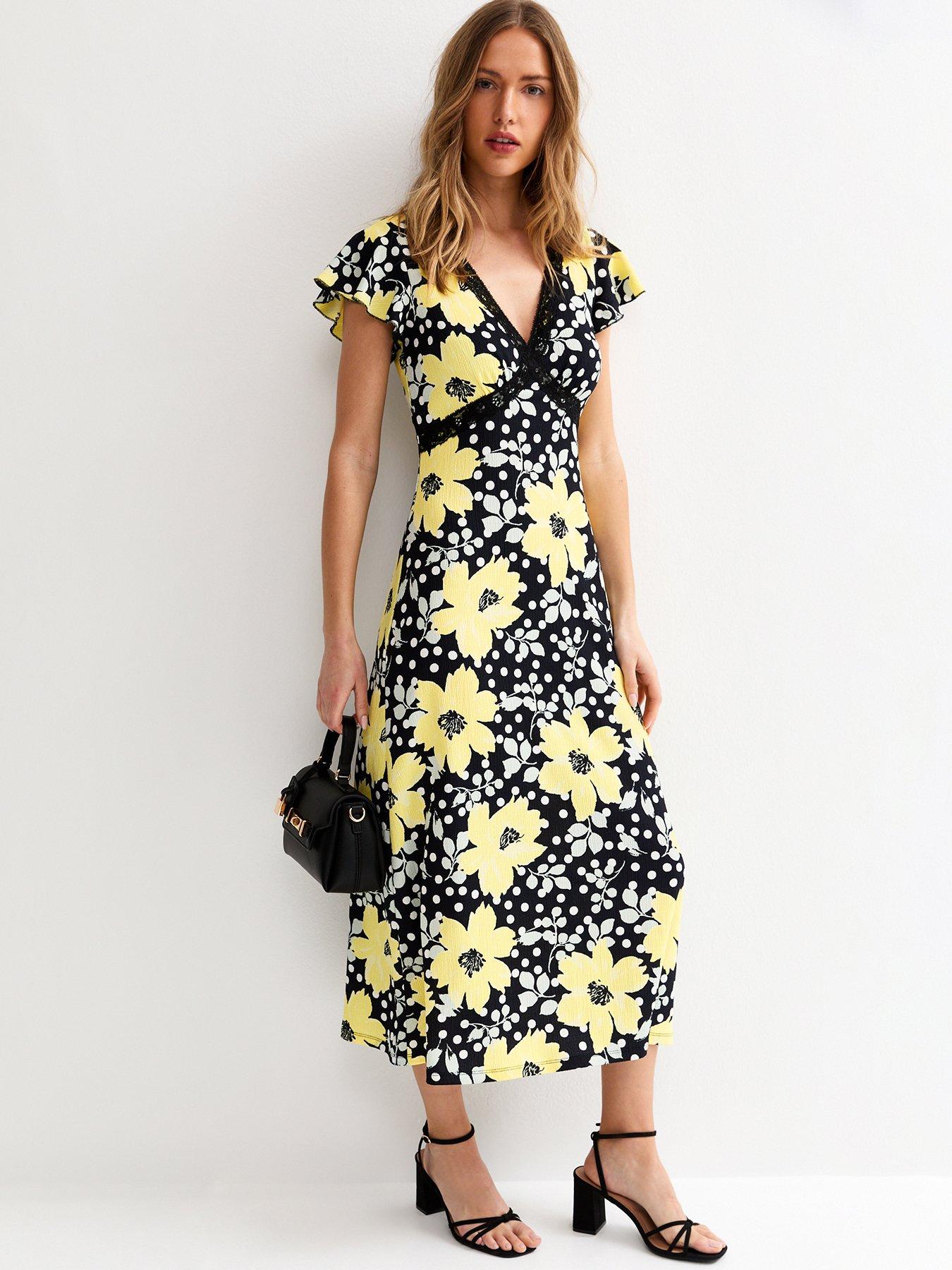 New Look Yellow Floral Print Lace Trim Flutter Sleeve Dress