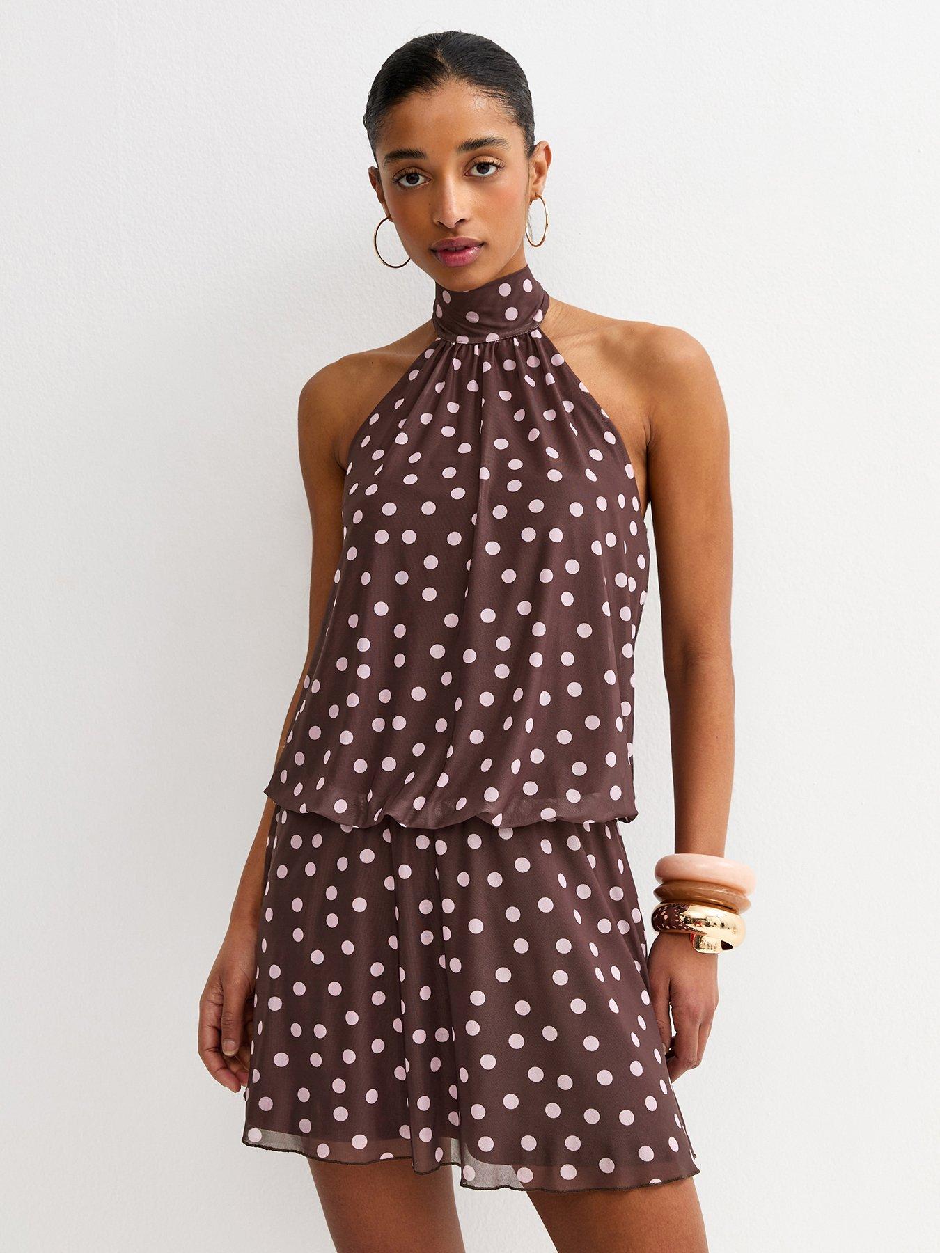 New Look Brown Polka Dot Scarf Trim Halter Neck Mini Dress