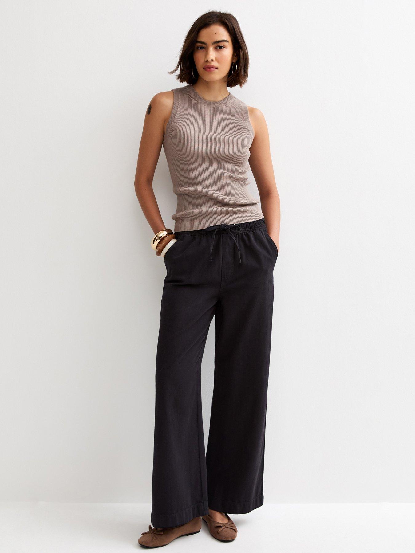 New Look Black Cotton Twill Drawstring Wide Leg Trousers