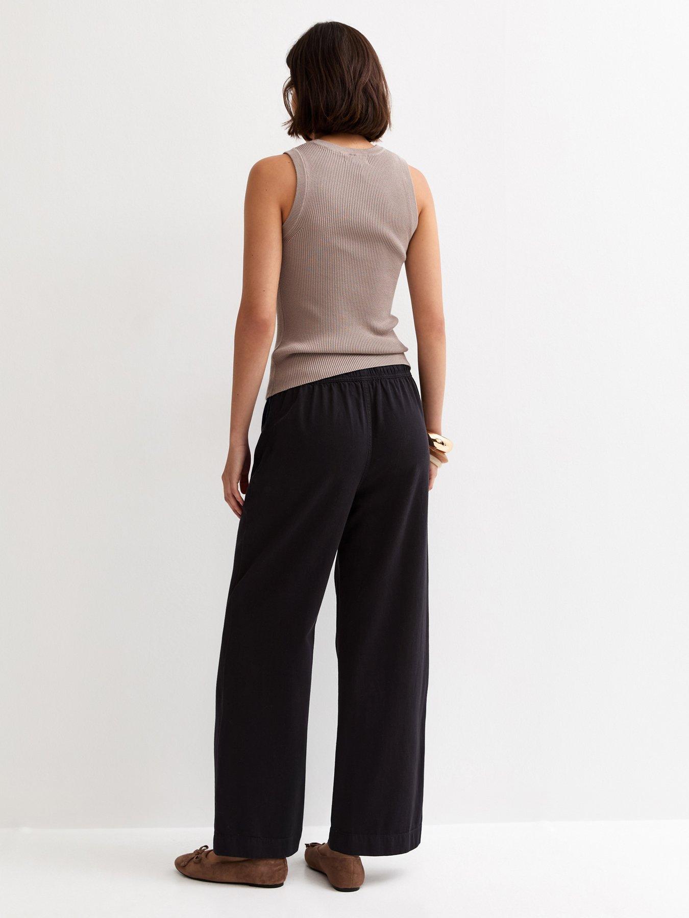 Image 2 of 6 of New Look Cotton Twill Drawstring Wide Leg Trousers - Black