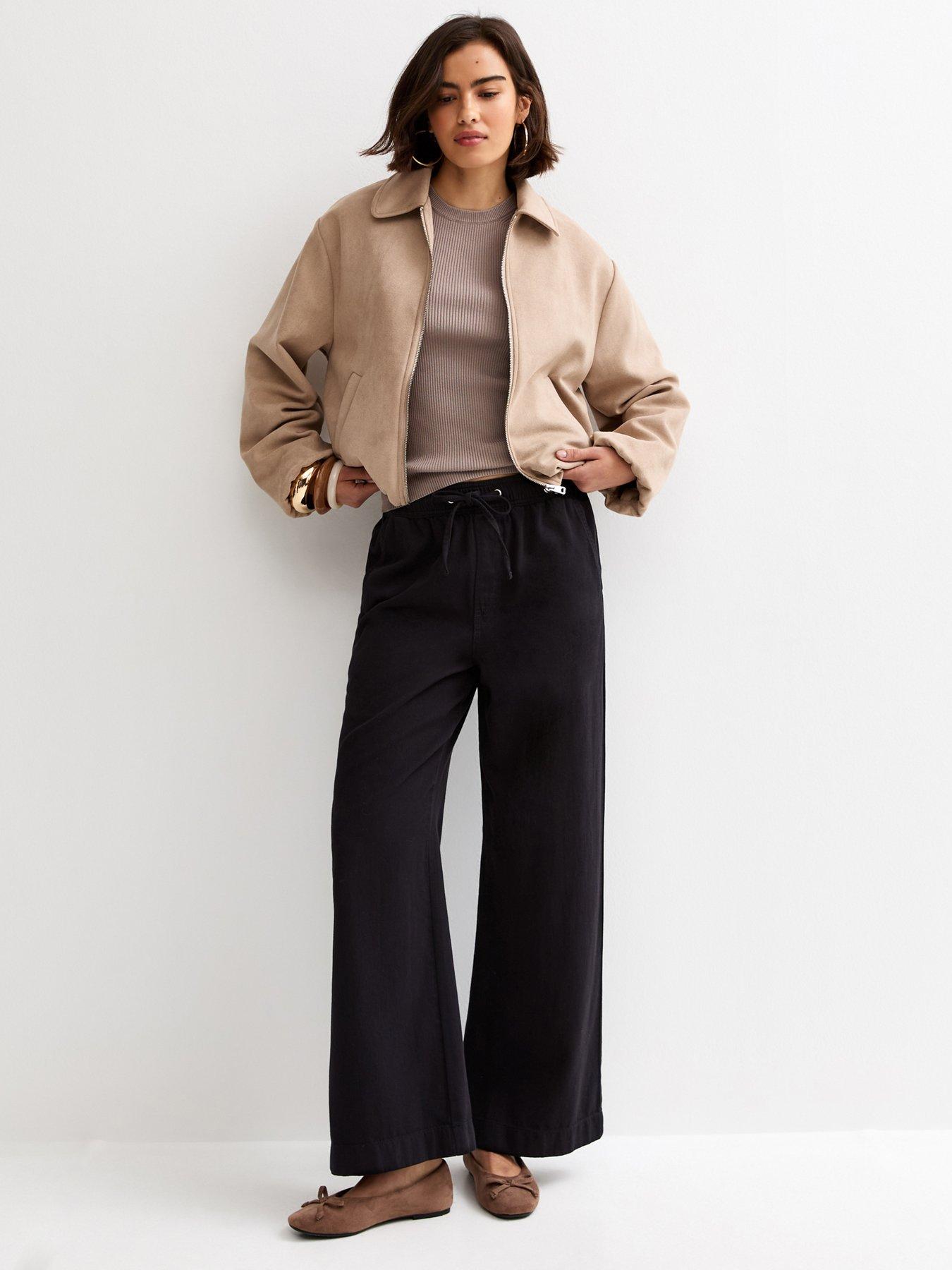 Image 3 of 6 of New Look Cotton Twill Drawstring Wide Leg Trousers - Black