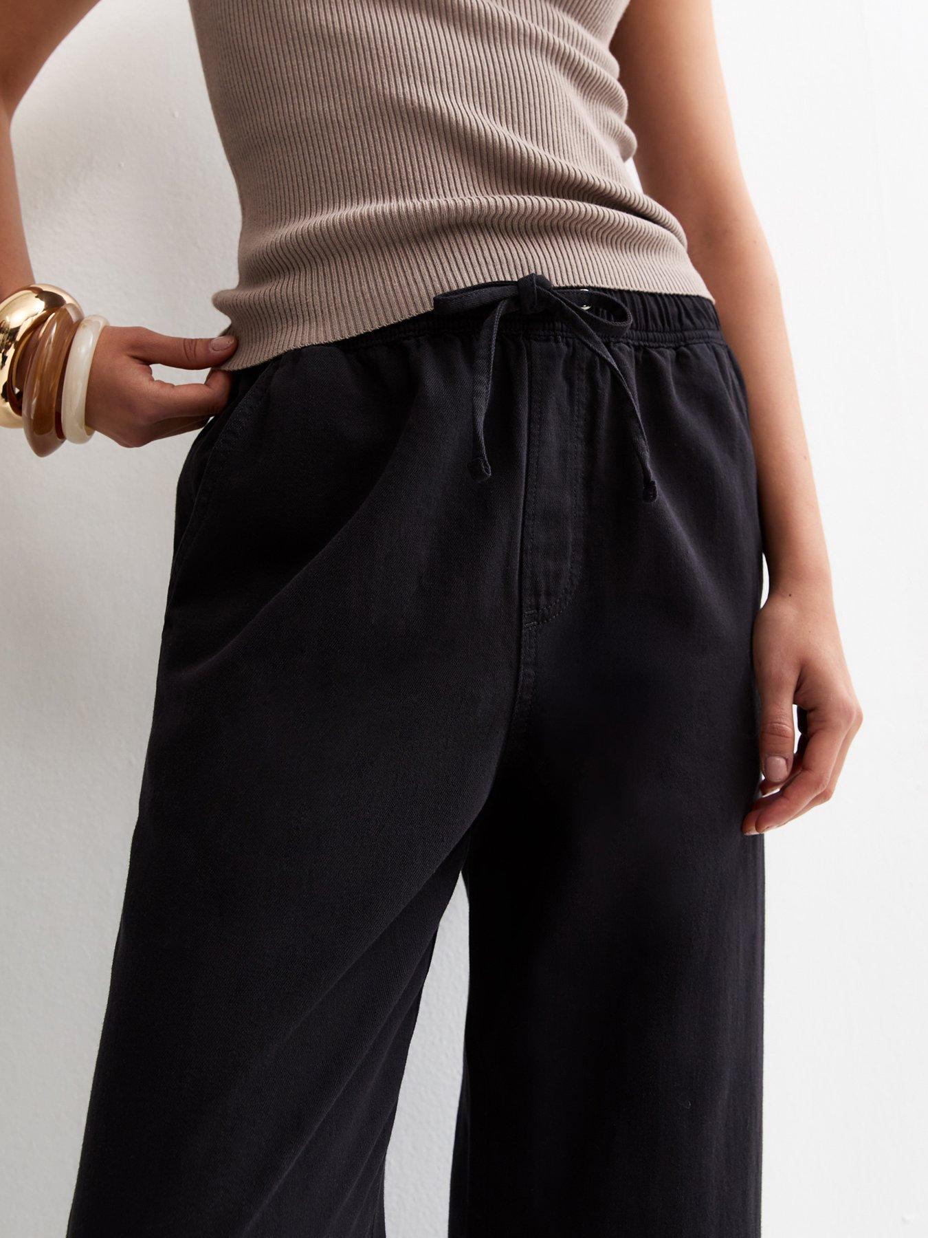 Image 4 of 6 of New Look Cotton Twill Drawstring Wide Leg Trousers - Black