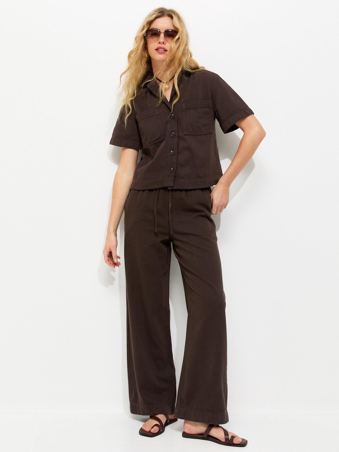 New Look Dark Brown Cotton Twill Drawstring Wide Leg Trousers