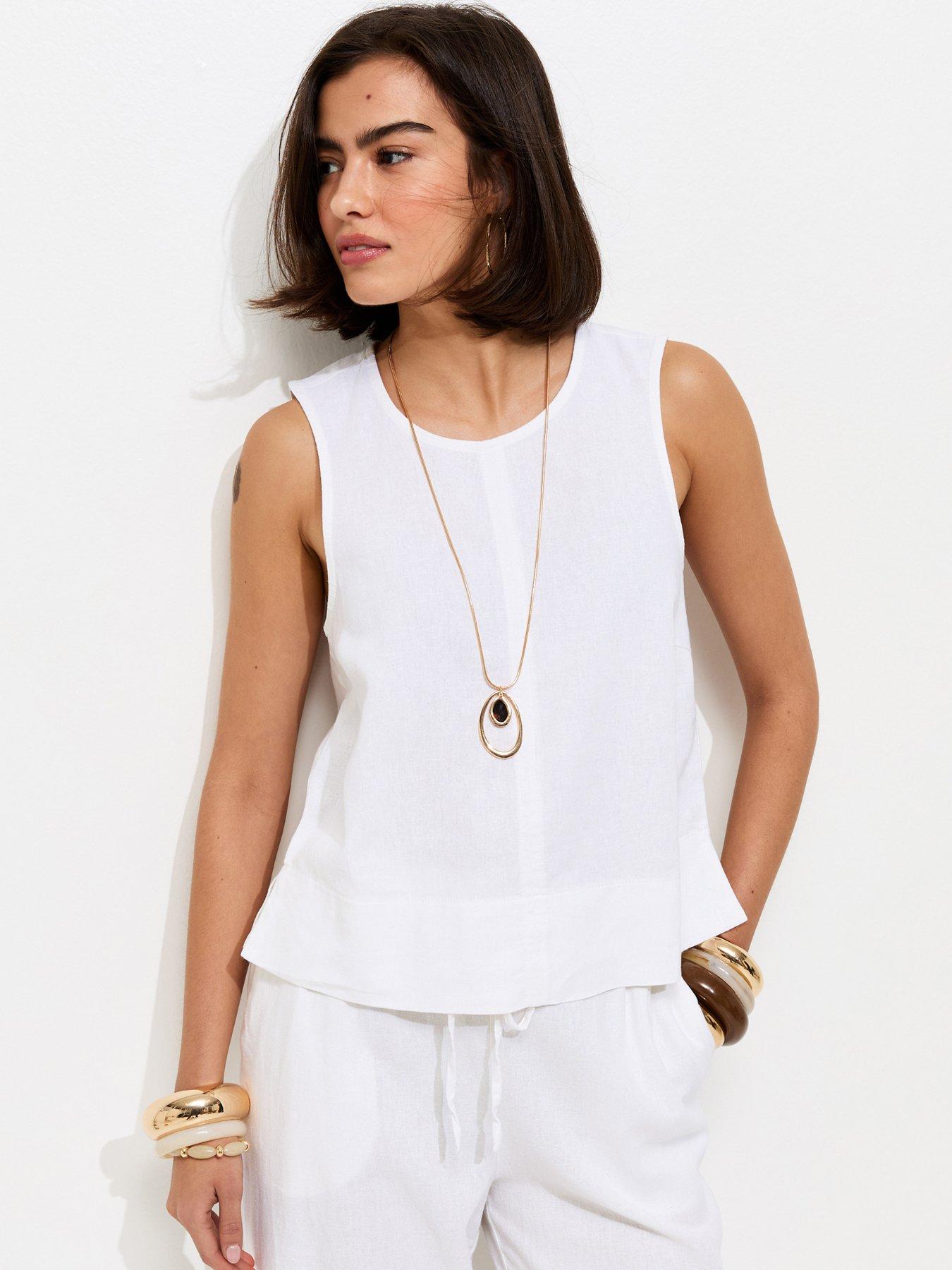 Image 1 of 6 of New Look Linen Blend Sleeveless Top - White