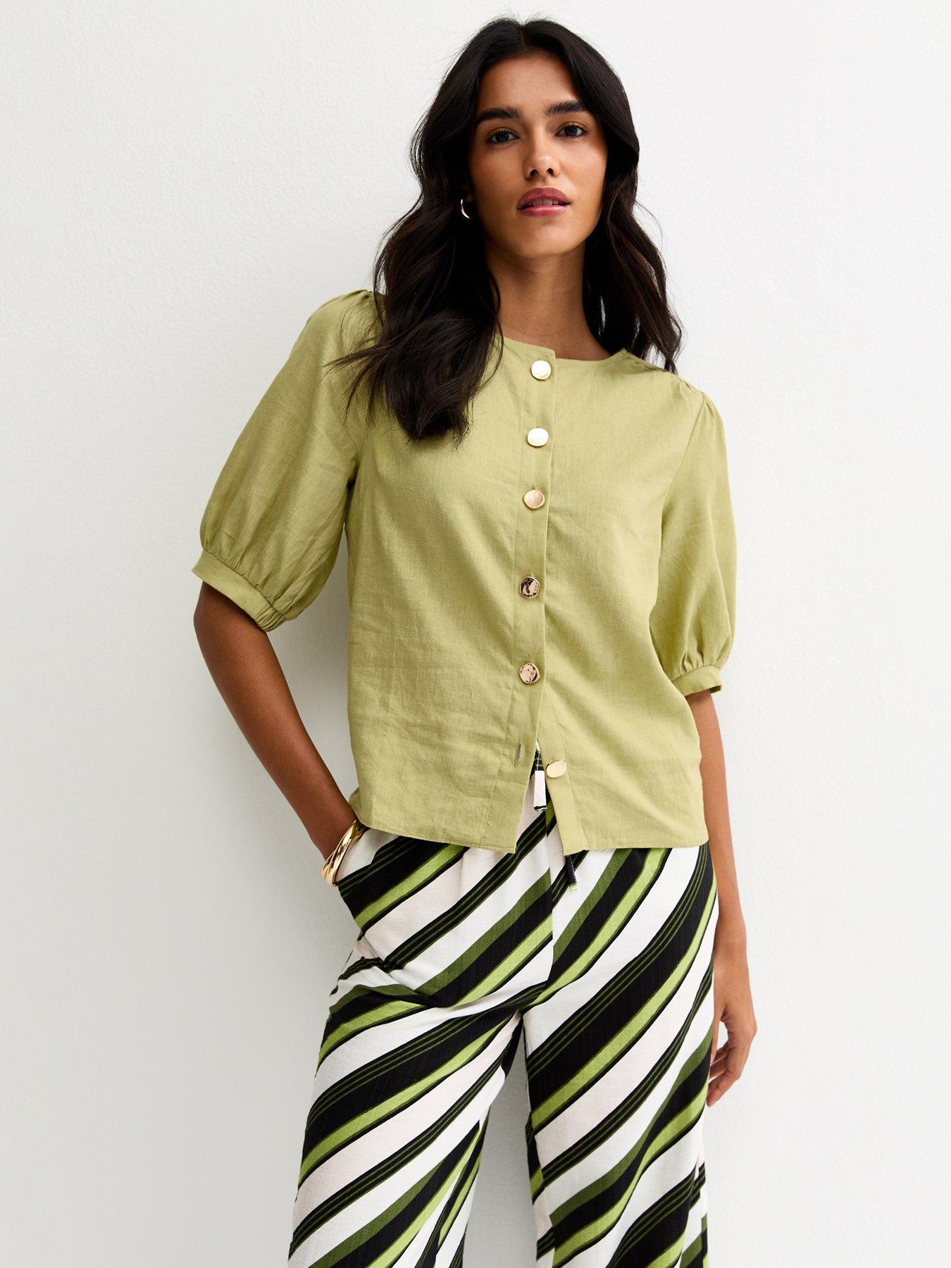 Image 1 of 5 of New Look Linen Blend Gold Tone Textured Button Blouse - Green