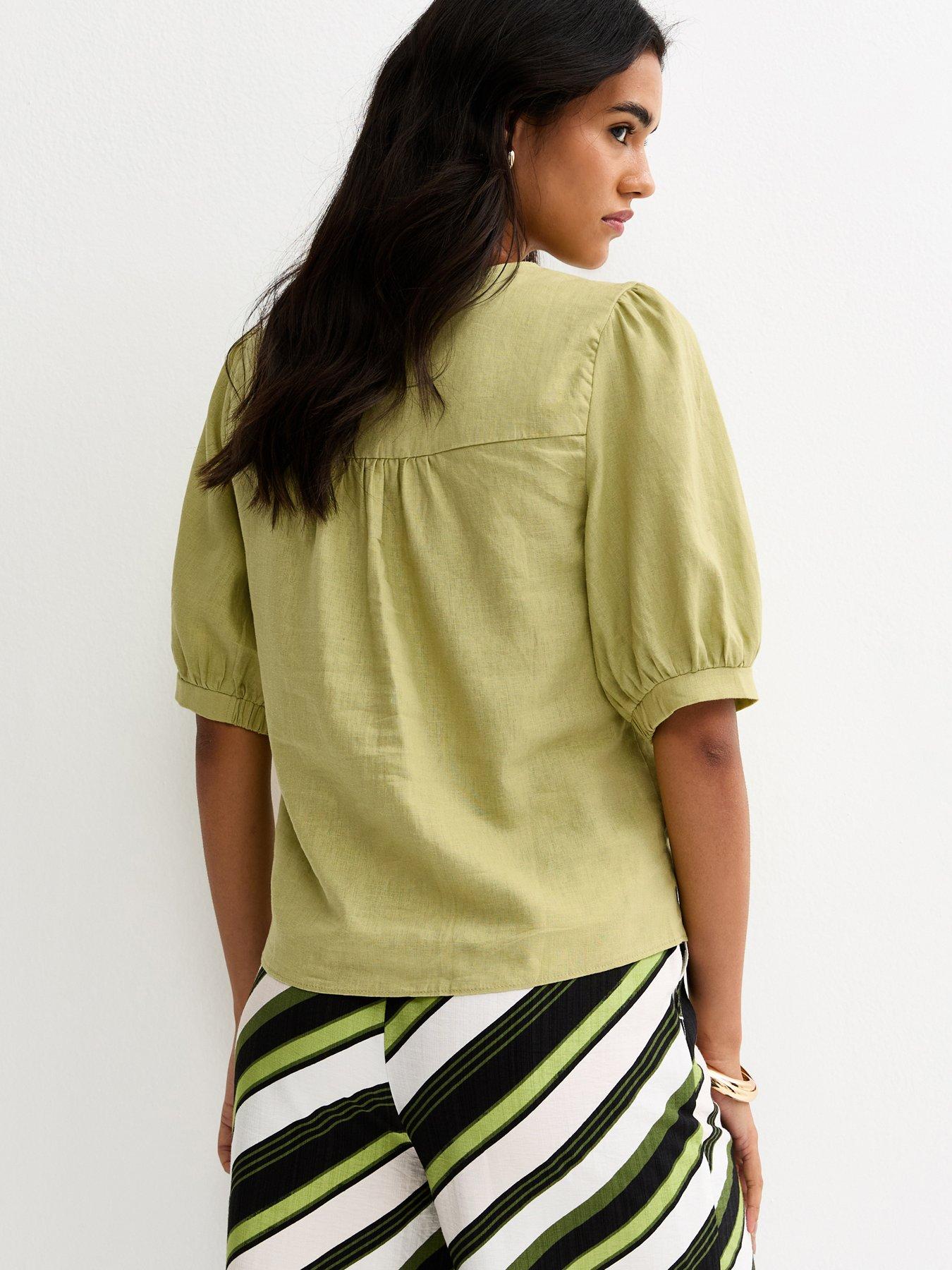 Image 2 of 5 of New Look Linen Blend Gold Tone Textured Button Blouse - Green