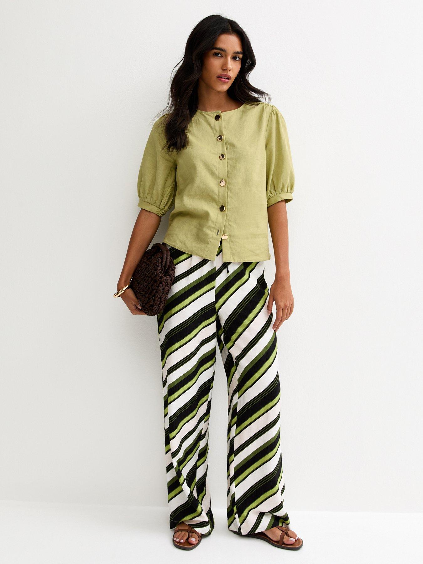 Image 3 of 5 of New Look Linen Blend Gold Tone Textured Button Blouse - Green