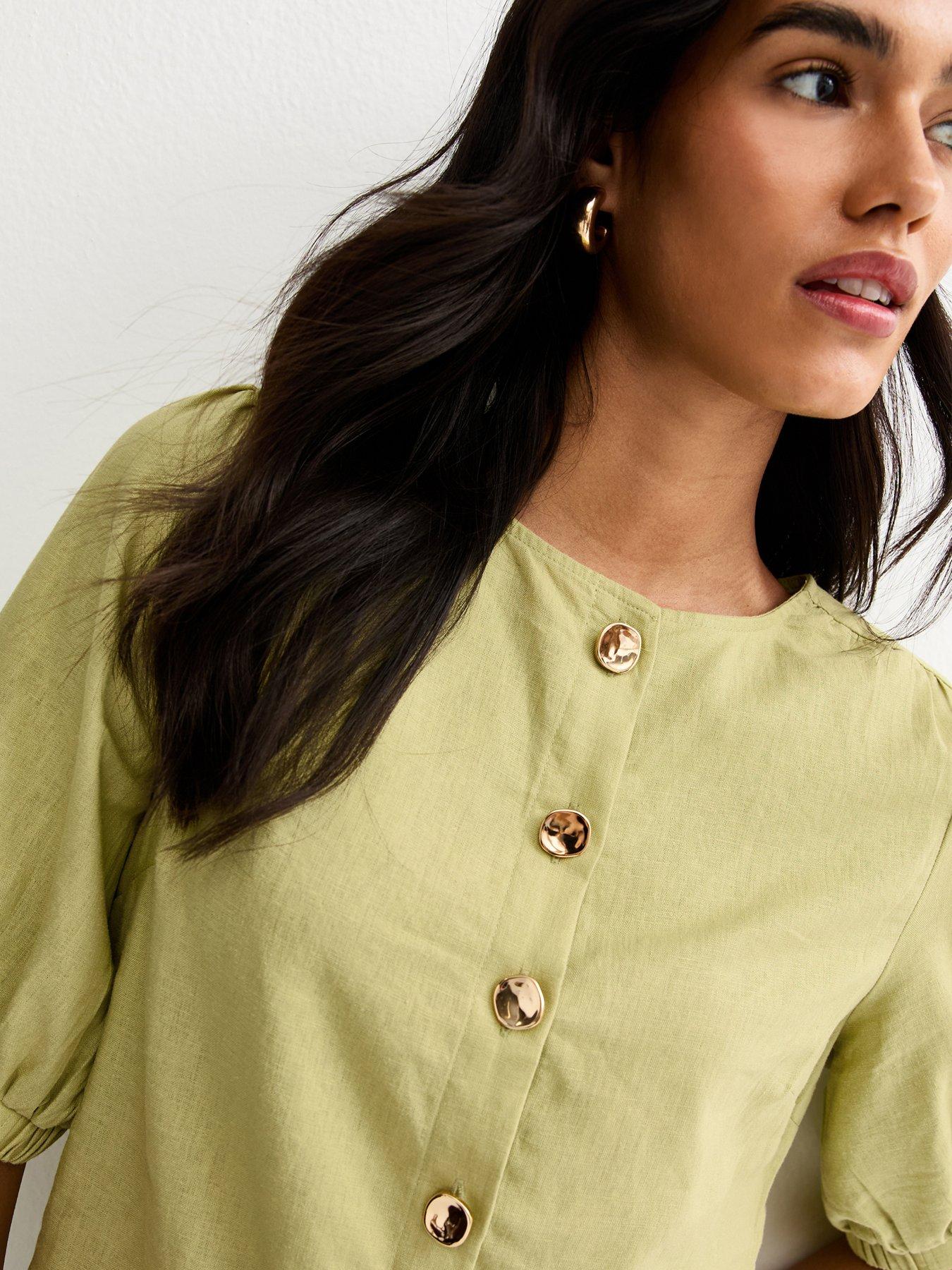 Image 4 of 5 of New Look Linen Blend Gold Tone Textured Button Blouse - Green