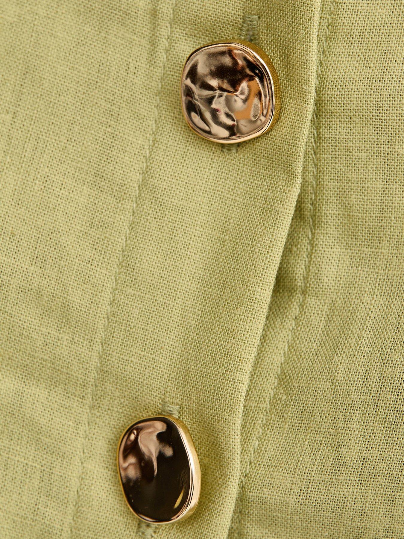 Image 5 of 5 of New Look Linen Blend Gold Tone Textured Button Blouse - Green