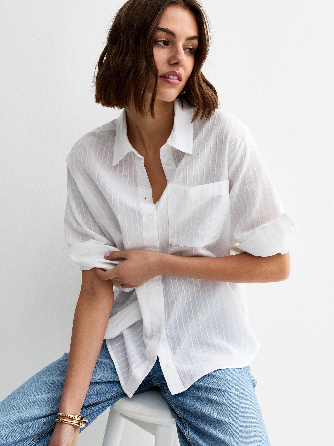 Image 1 of 6 of New Look Stripe Long Sleeve Shirt - White