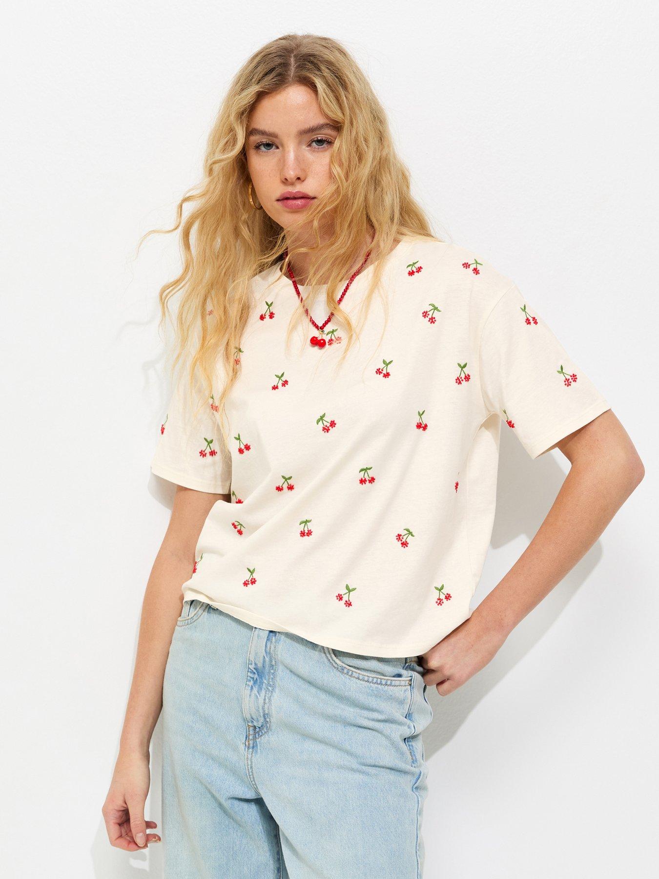 Image 1 of 5 of New Look White Boxy Beaded Cherry T-shirt