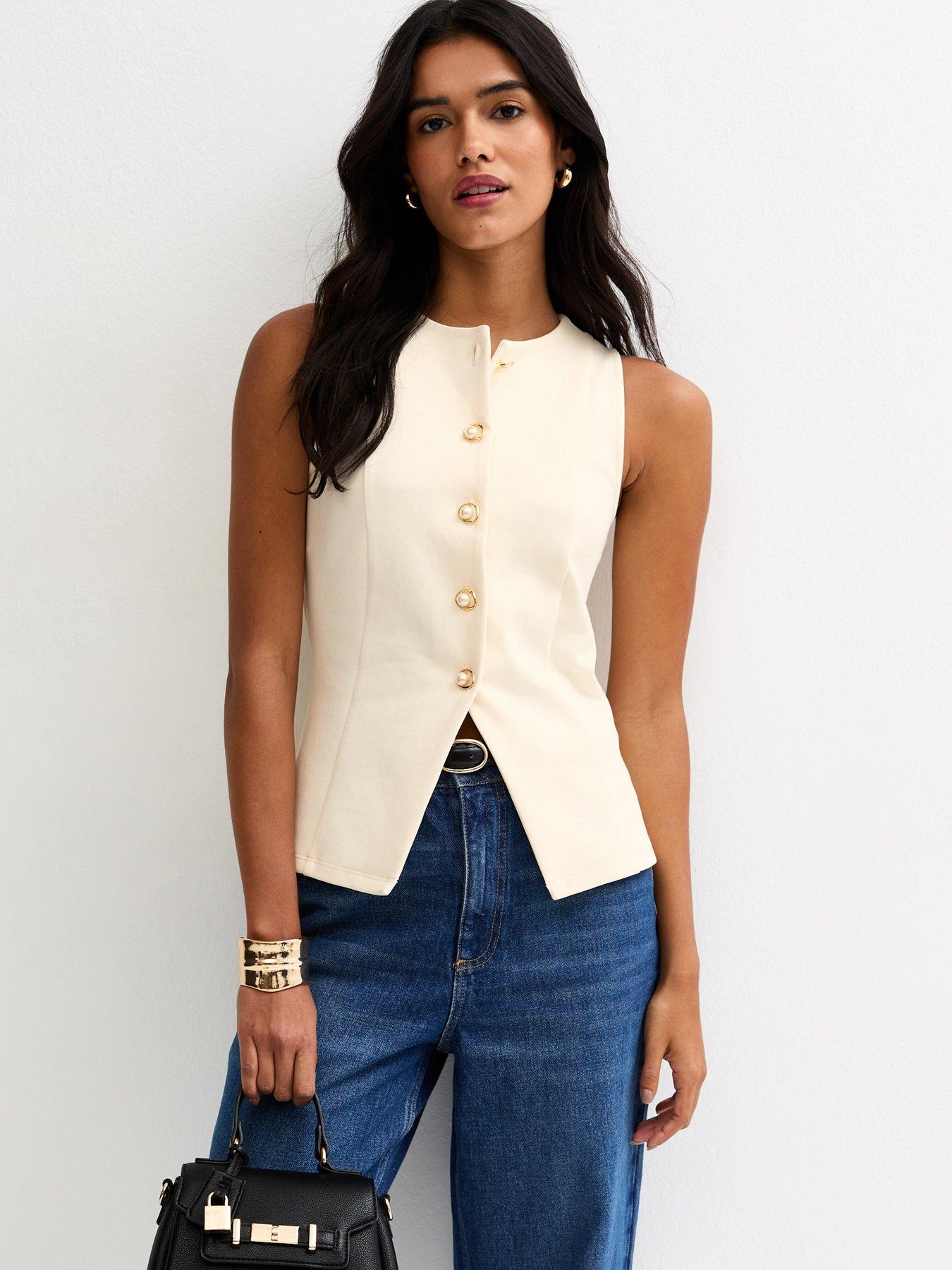 New Look Jersey Faux-Pearl Button Waistcoat - Off White