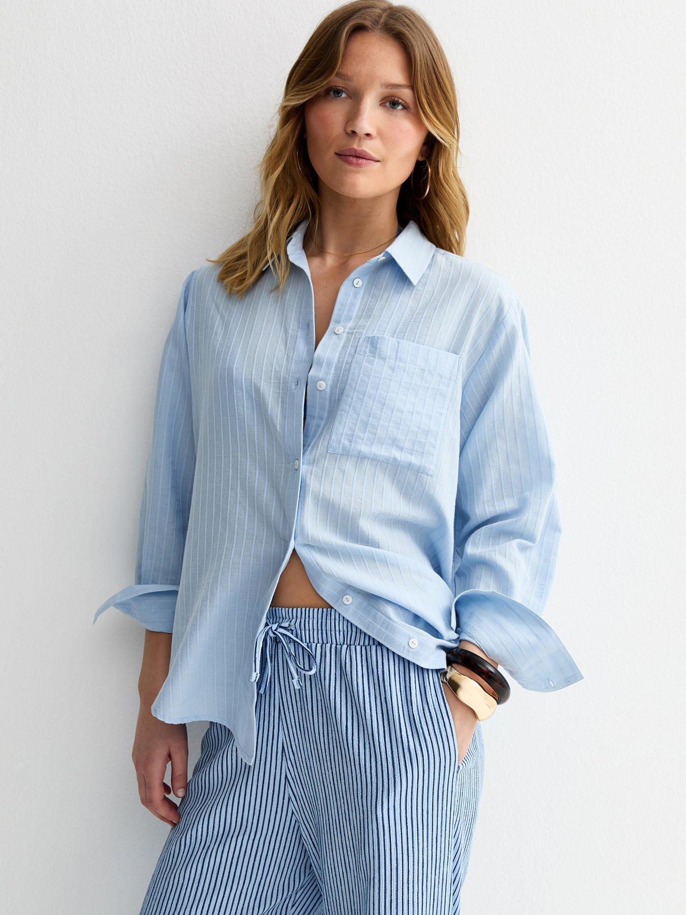 Image 4 of 5 of New Look Thin Stripe Crinkle Texture Wide Leg Trousers - Blue