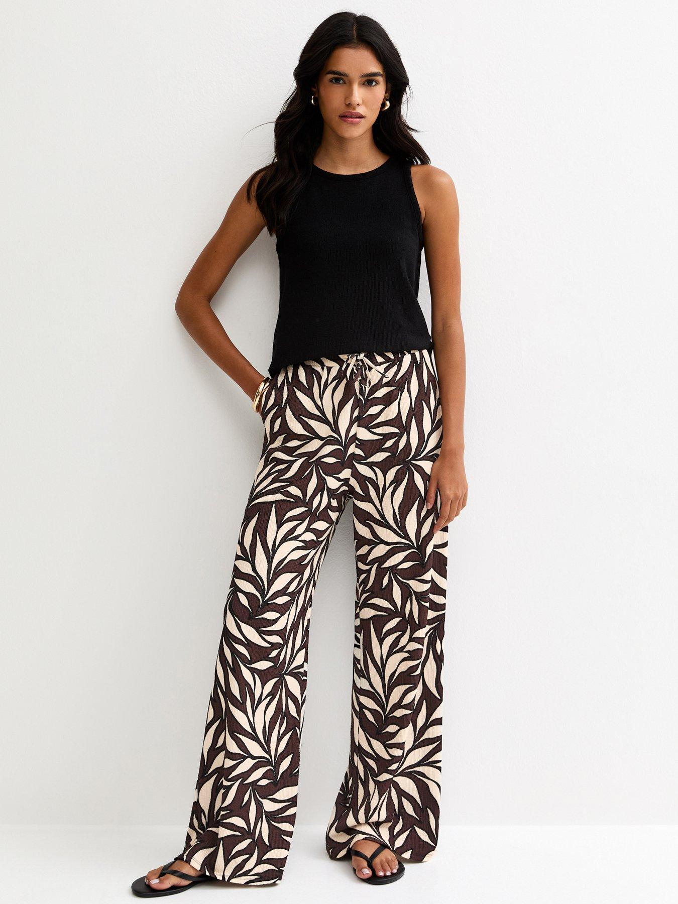 New Look Leaf Print Crinkle Texture Wide Leg Trousers - Brown