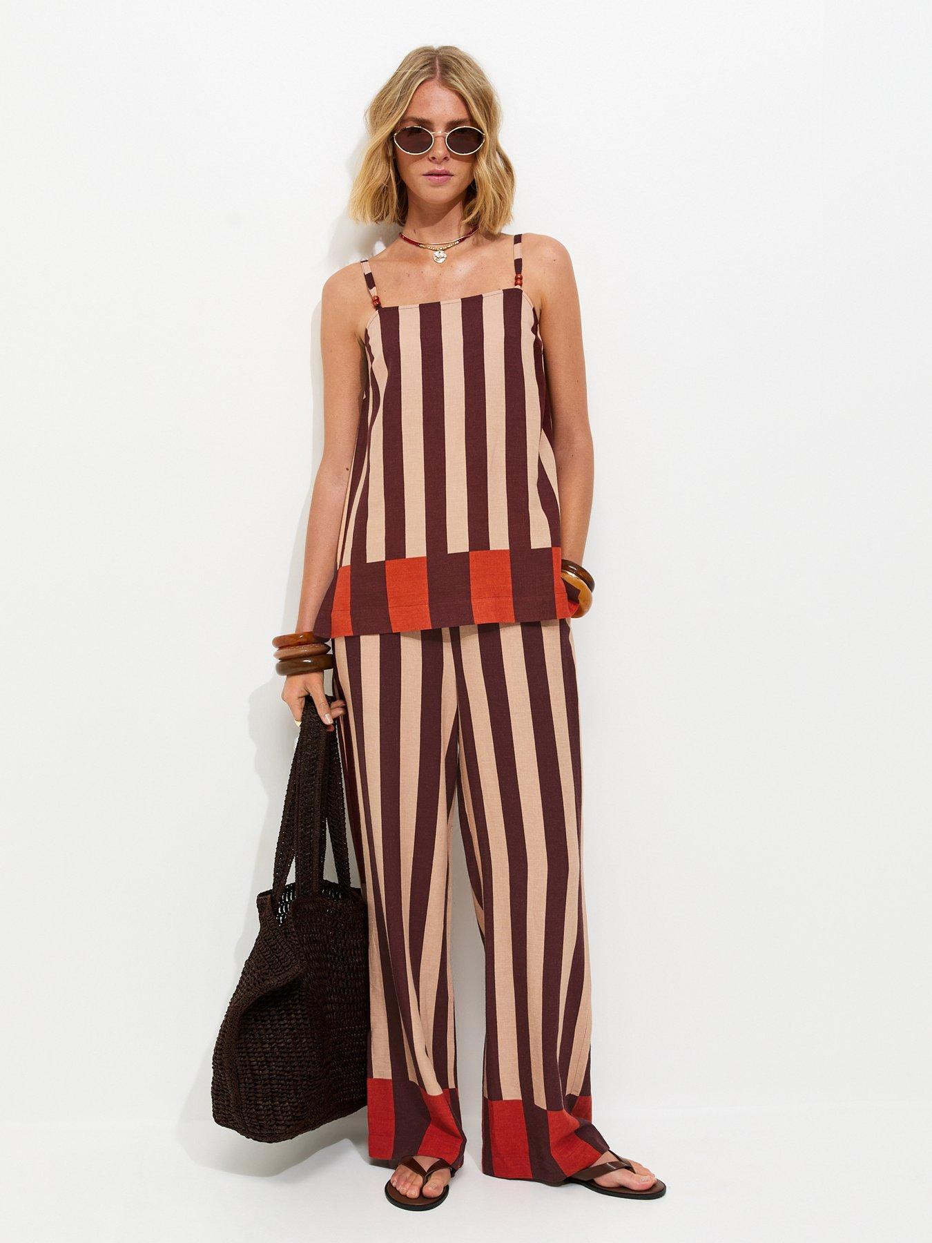 New Look Stripe Linen Blend Wide Leg Co-Ord Trousers - Brown