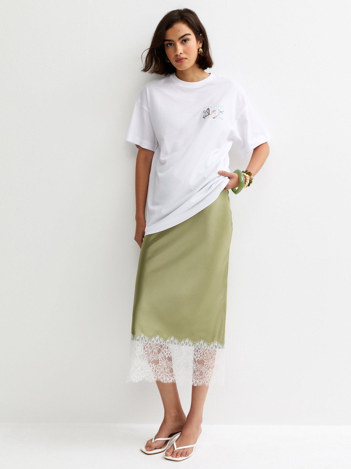 New Look Deep Lace Trim Midi Skirt - Light Green