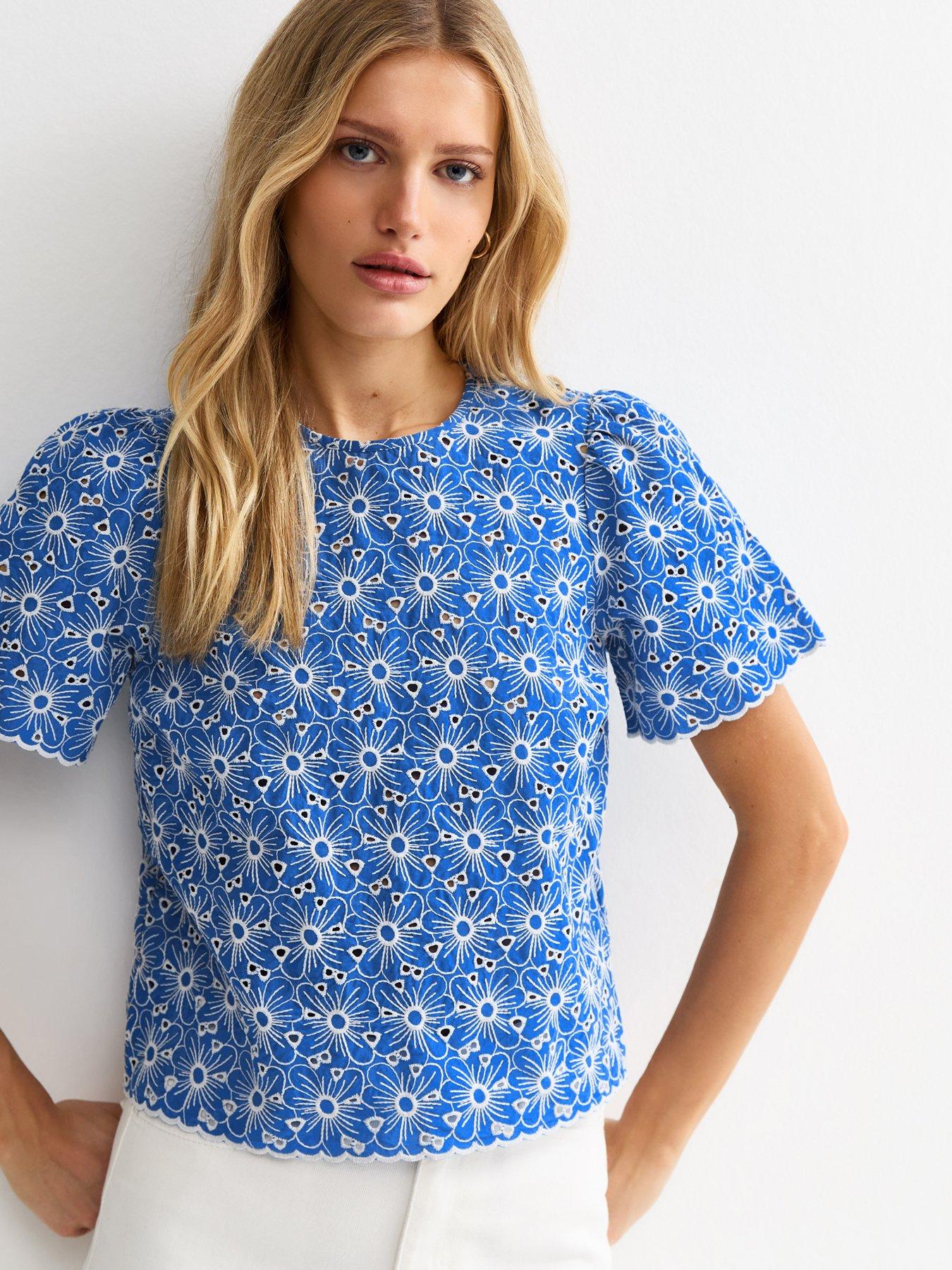 New Look Cutwork Floral Crew Neck Top - Blue