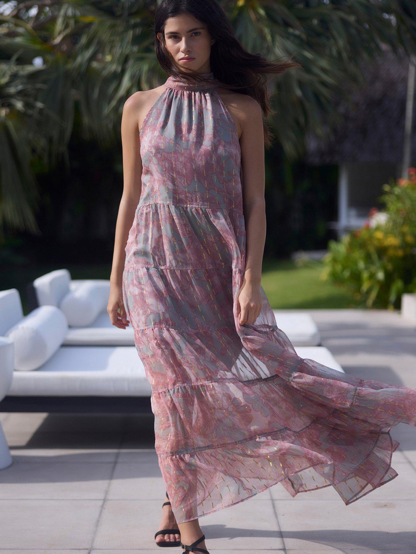 Religion Citrine Tiered Maxi Halter-Neck Occasion Dress - Pink