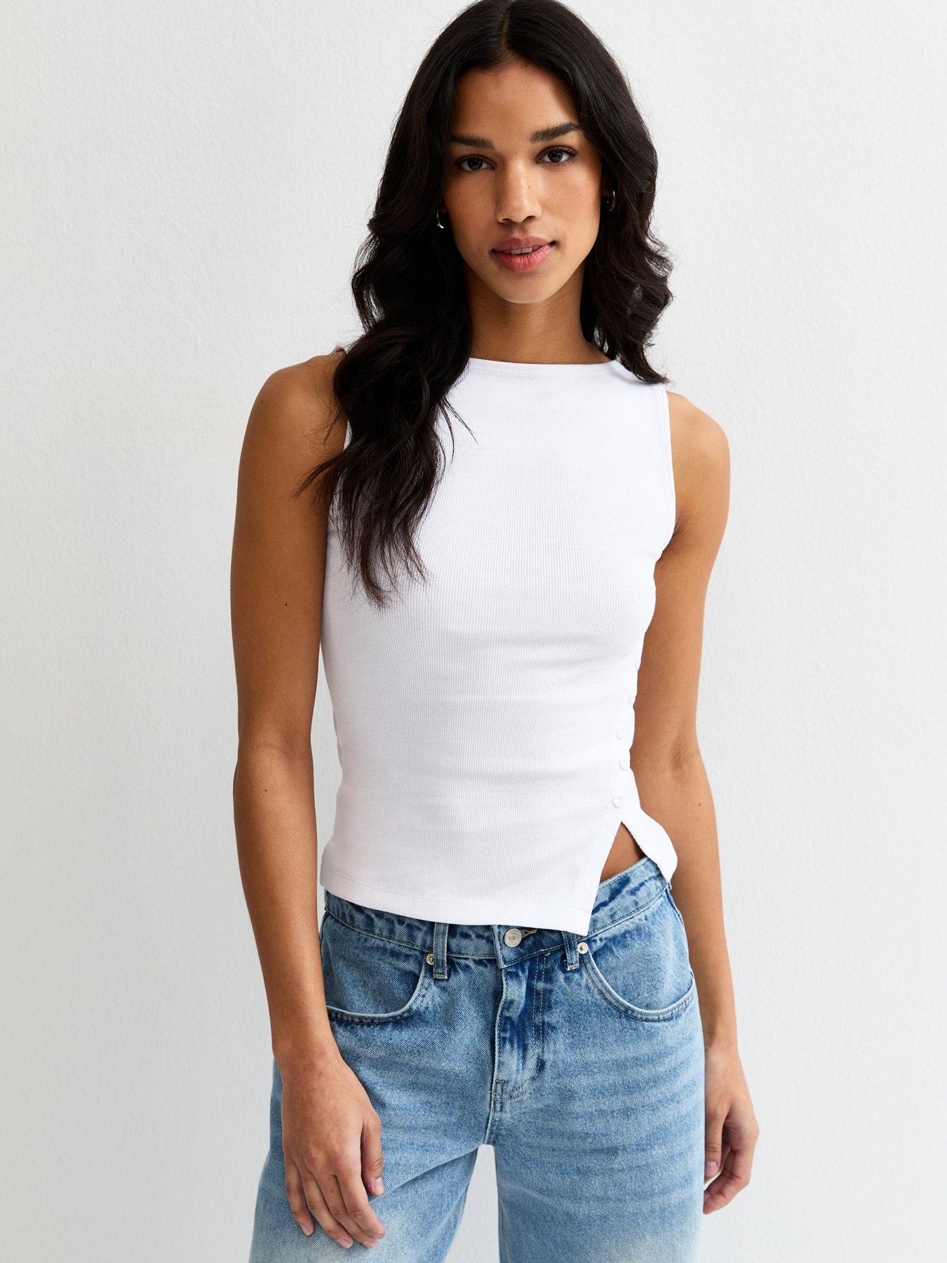 Image 1 of 5 of New Look White Asymmetric Hem Button Side Vest Top