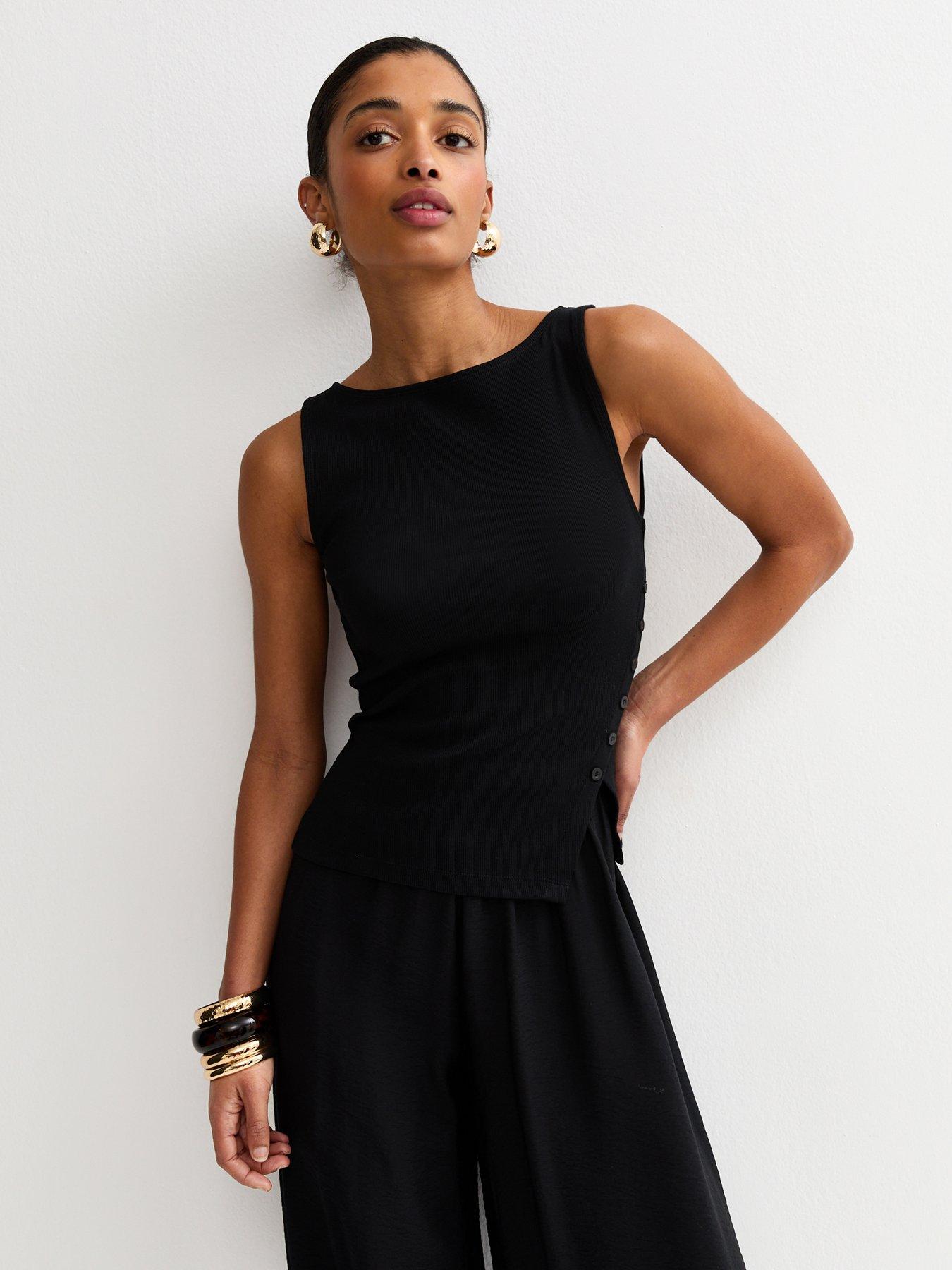 New Look Black Asymmetric Hem Button Side Vest Top