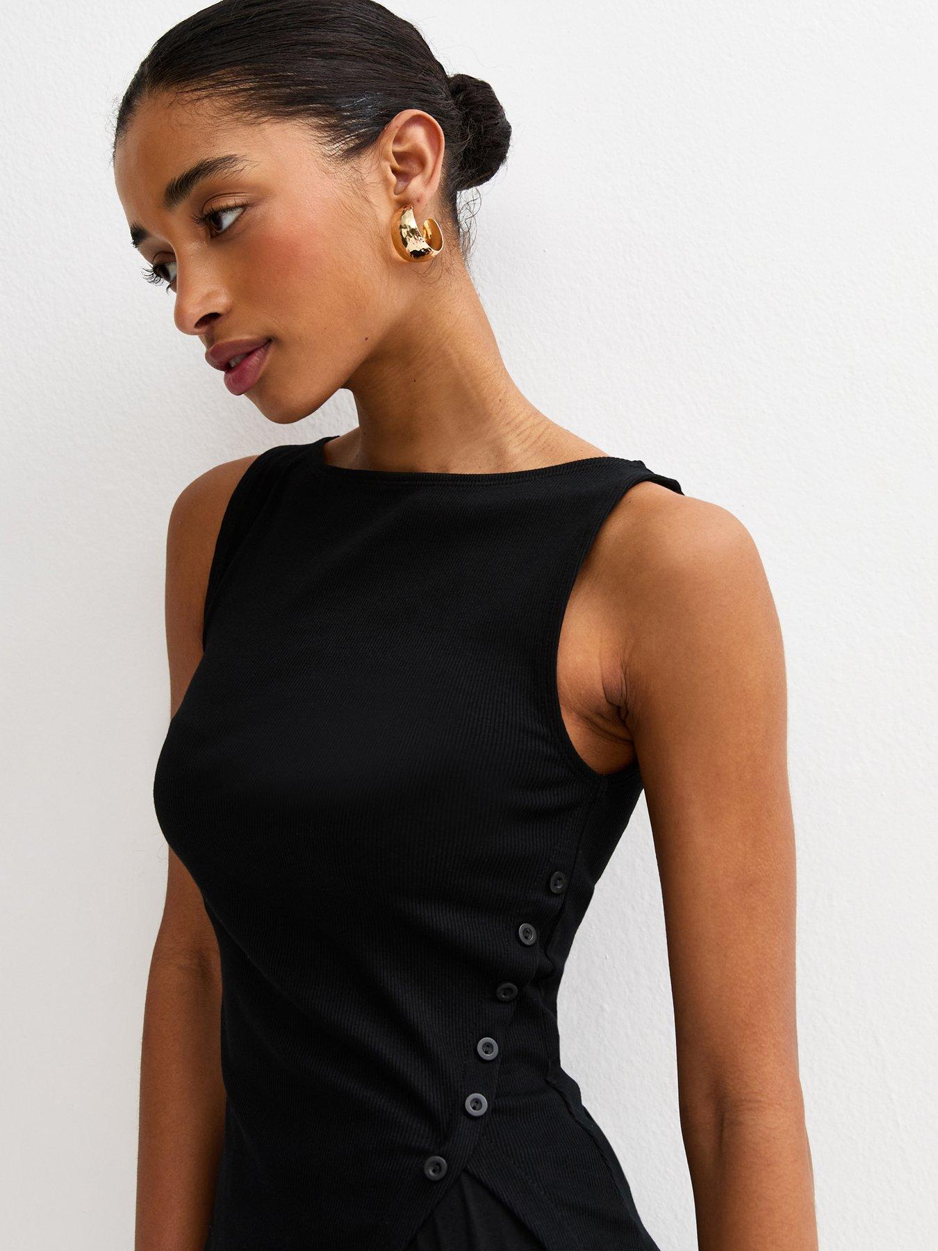 Image 4 of 5 of New Look Black Asymmetric Hem Button Side Vest Top