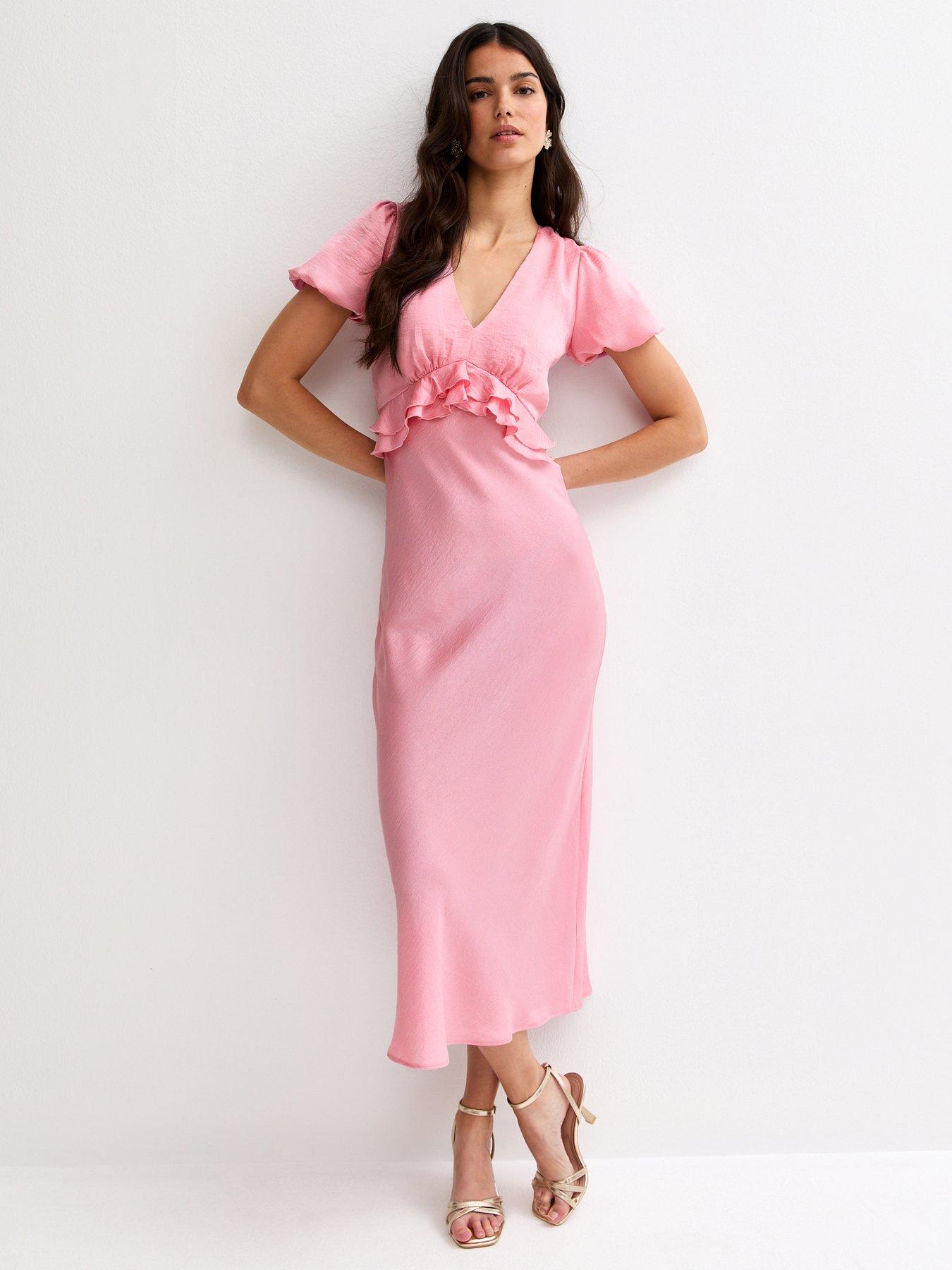 New Look Satin Ruffle Trimmed V-Neck Midi Dress - Light Pink