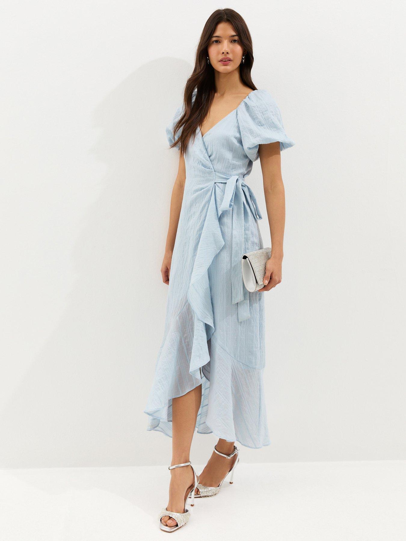 New Look Textured Ruffle Trimmed Wrap Midi Dress - Light Blue