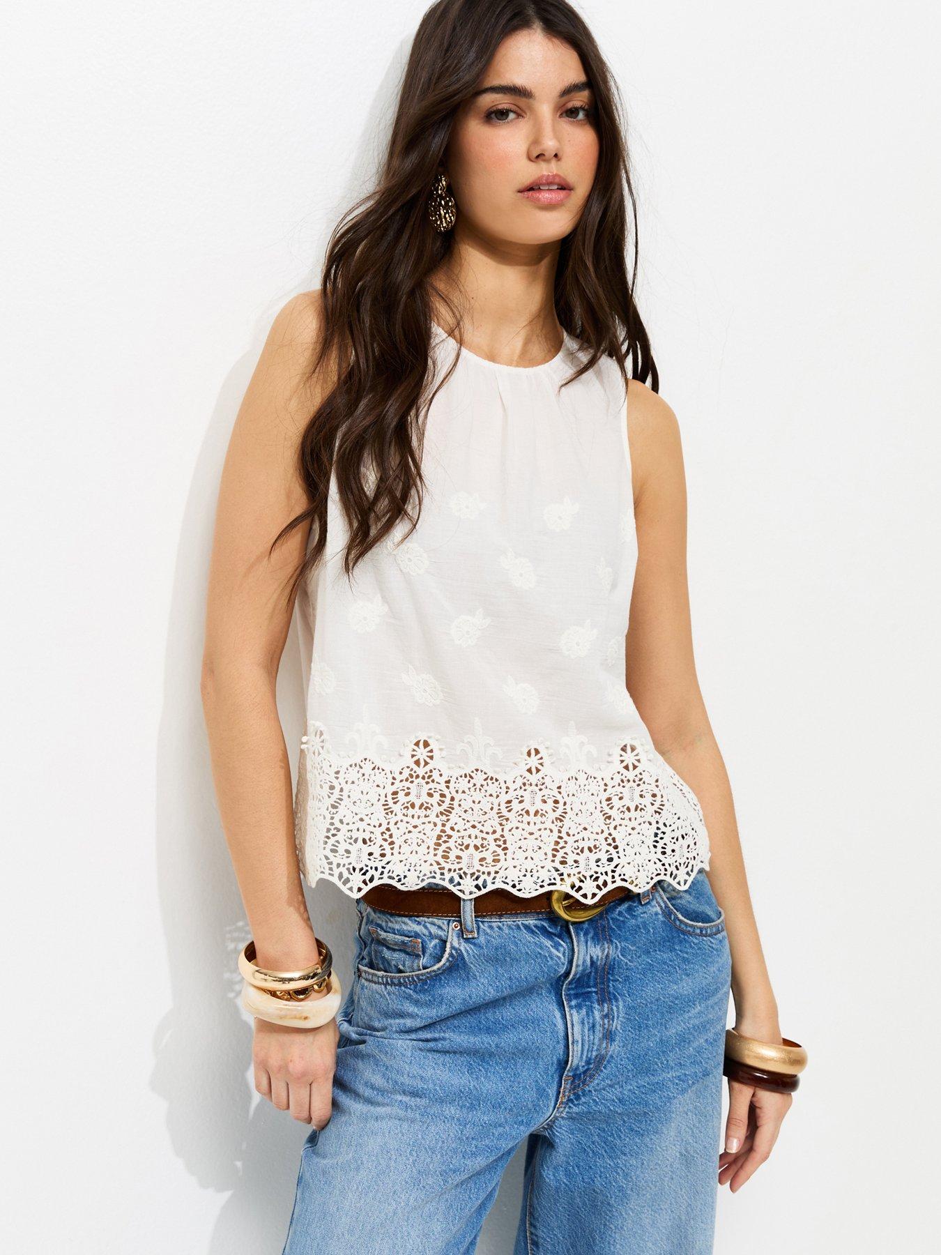 Image 1 of 5 of New Look Off White Cotton Embroidered Sleeveless Top