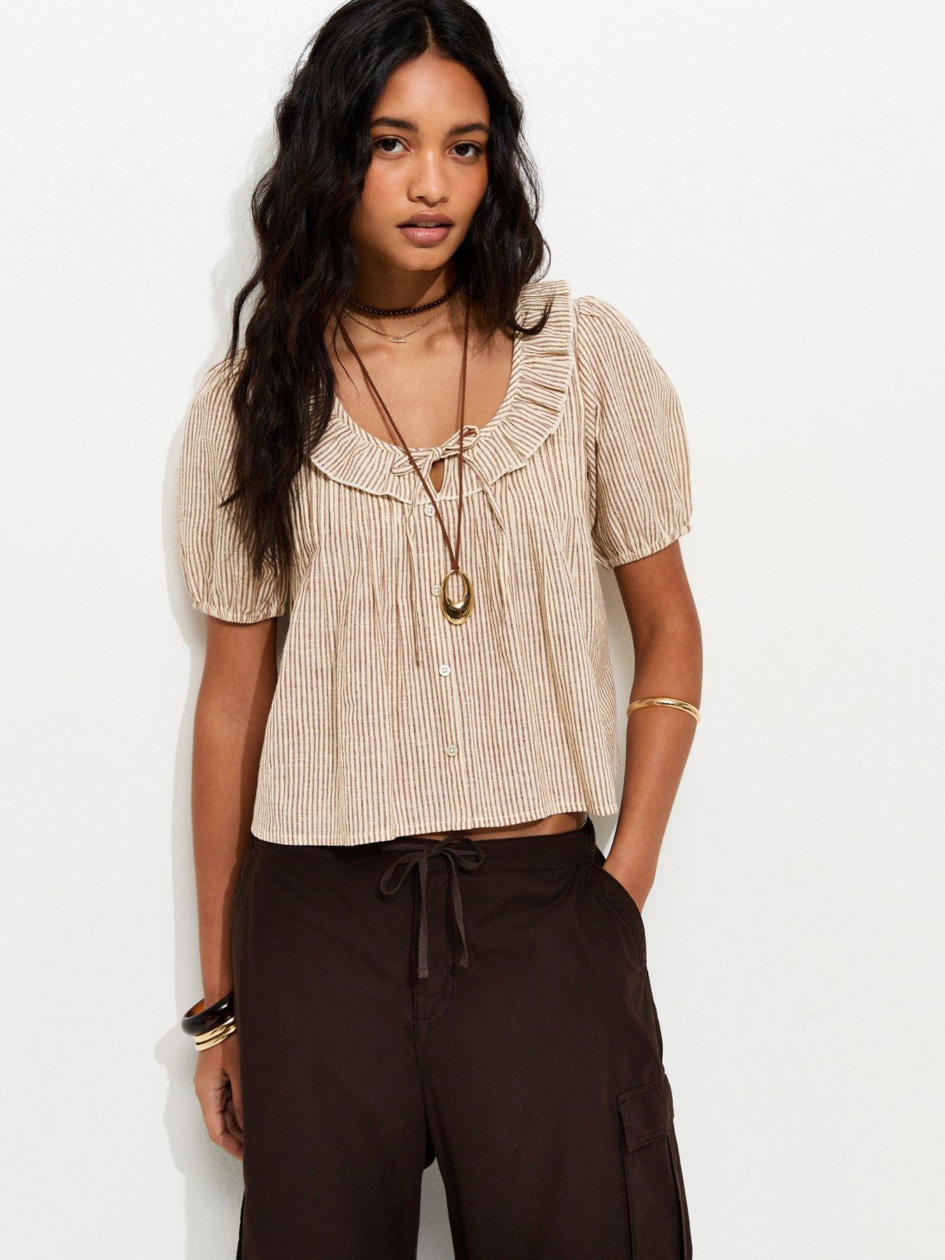 Image 1 of 5 of New Look Striped Frill Neckline Blouse - Brown