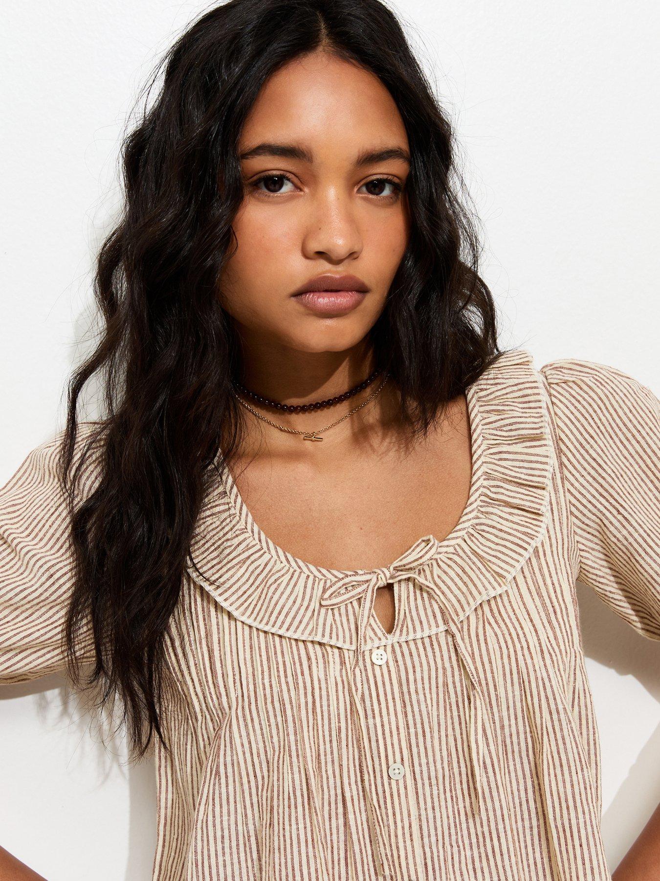 Image 4 of 5 of New Look Striped Frill Neckline Blouse - Brown