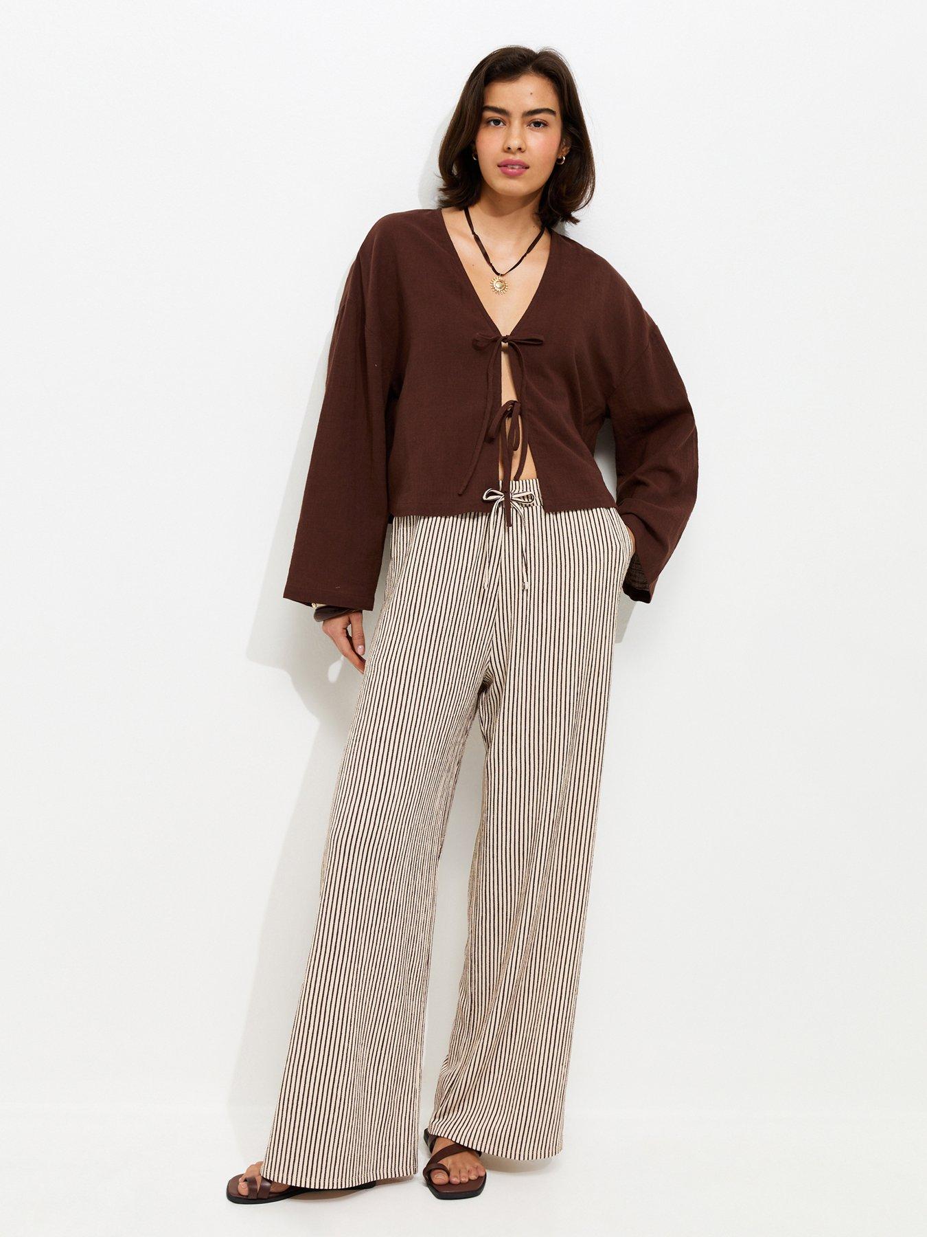 New Look Thin Stripe Crinkle Texture Wide Leg Trousers - Brown