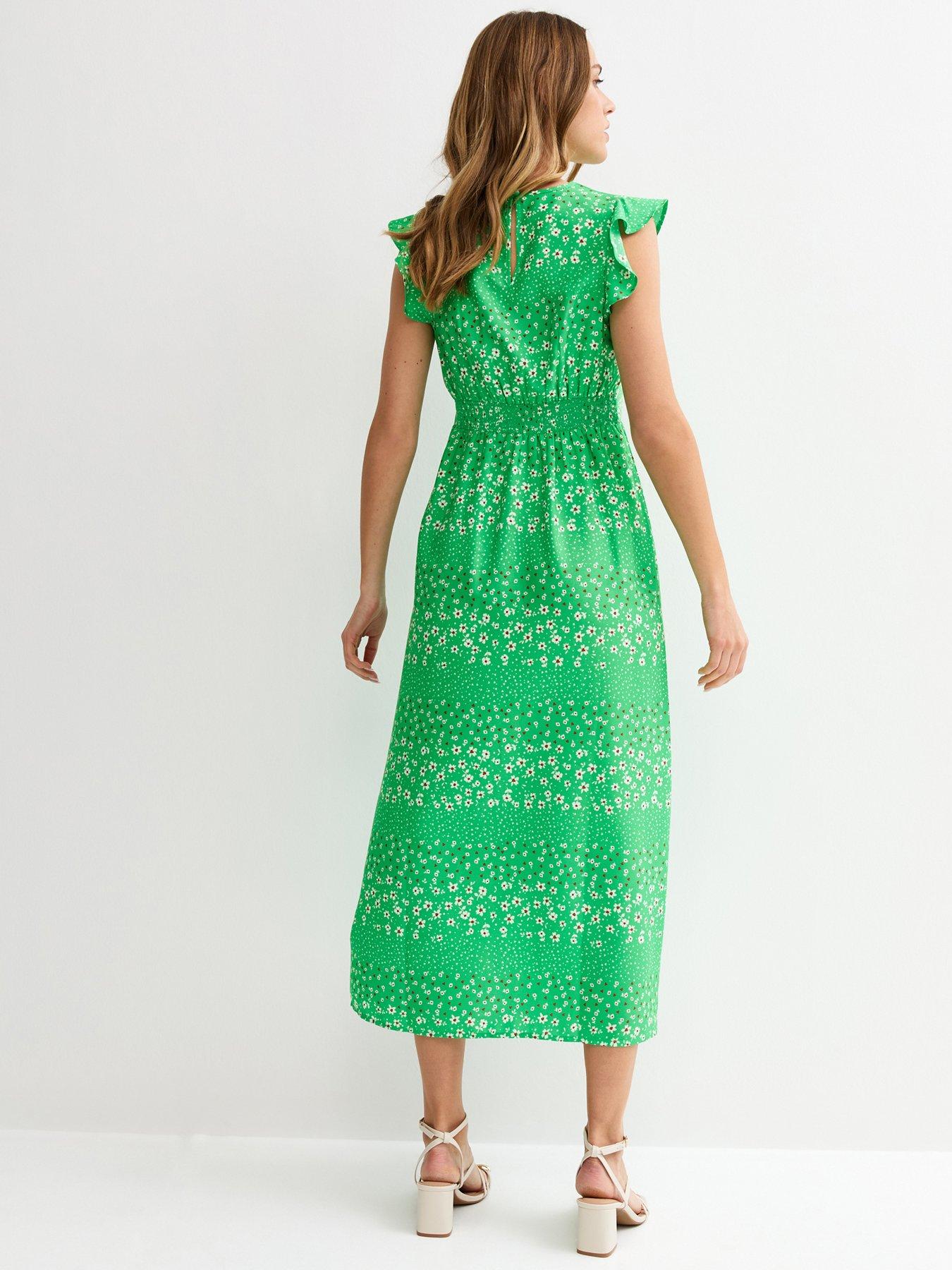 Image 2 of 5 of New Look Floral Flutter Sleeve Midi Dress - Green