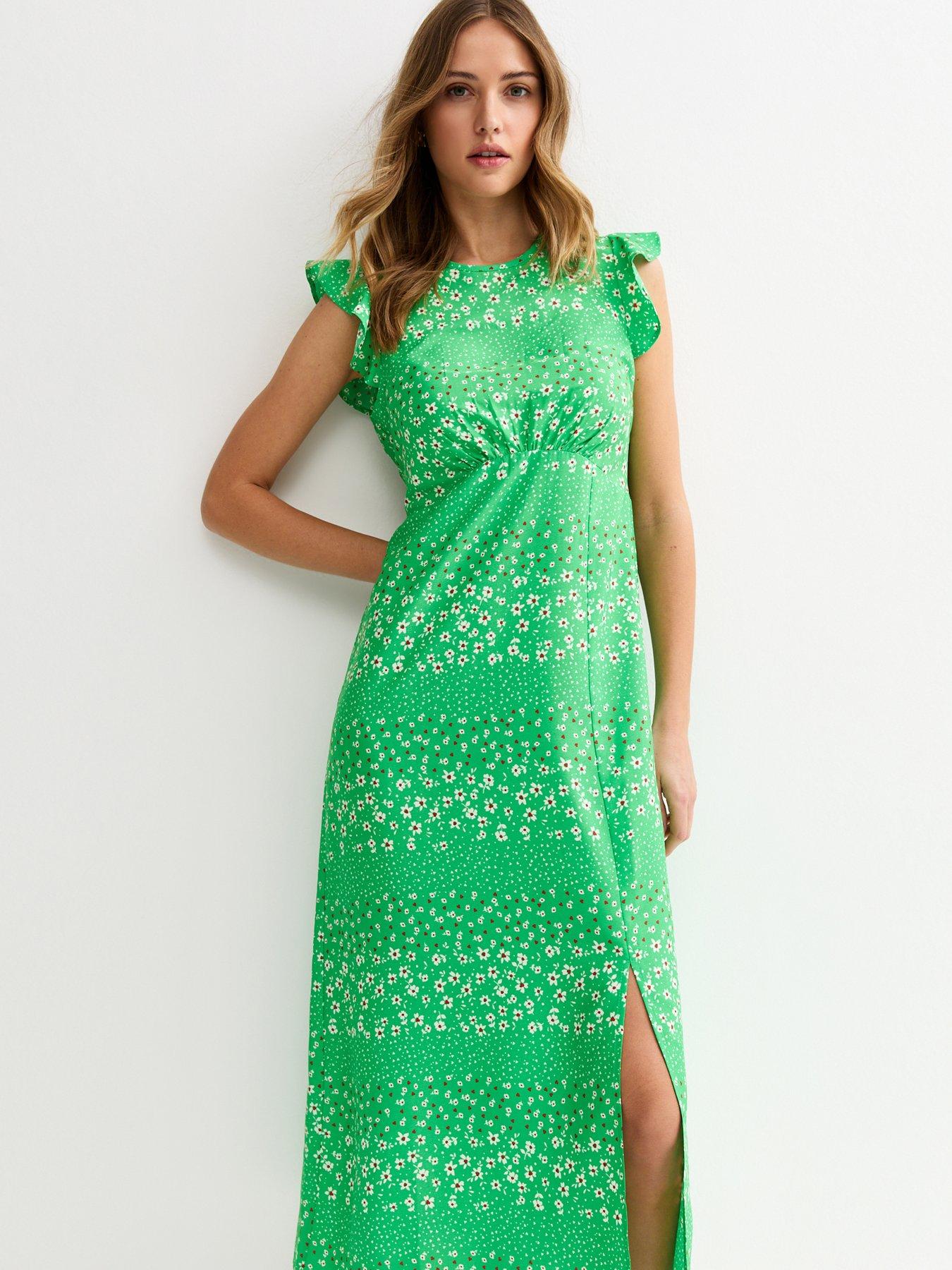 Image 3 of 5 of New Look Floral Flutter Sleeve Midi Dress - Green