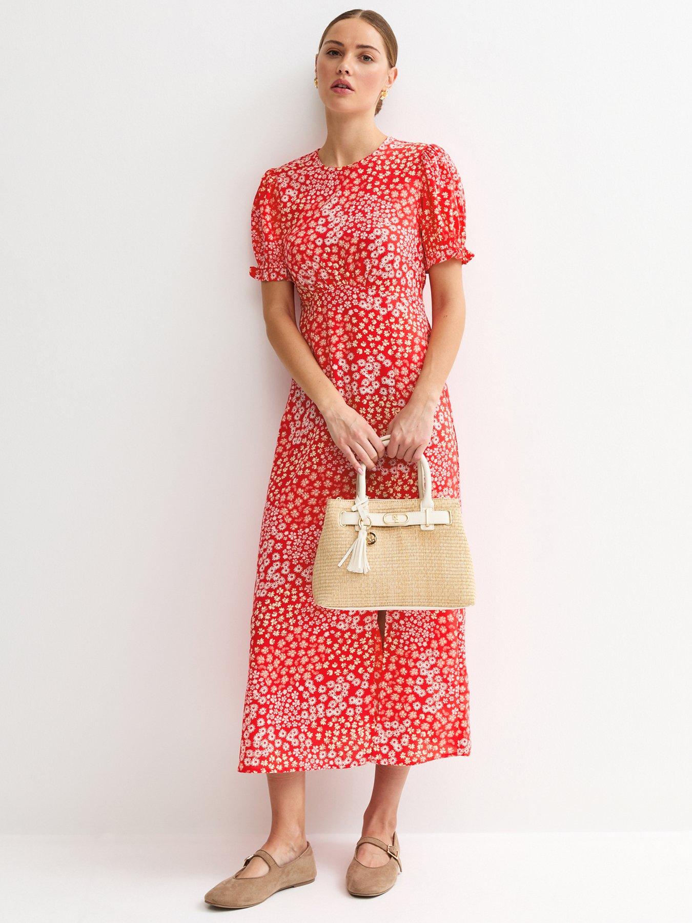 New Look Crepe Floral Print Mix Short Sleeve Midi Dress - Red
