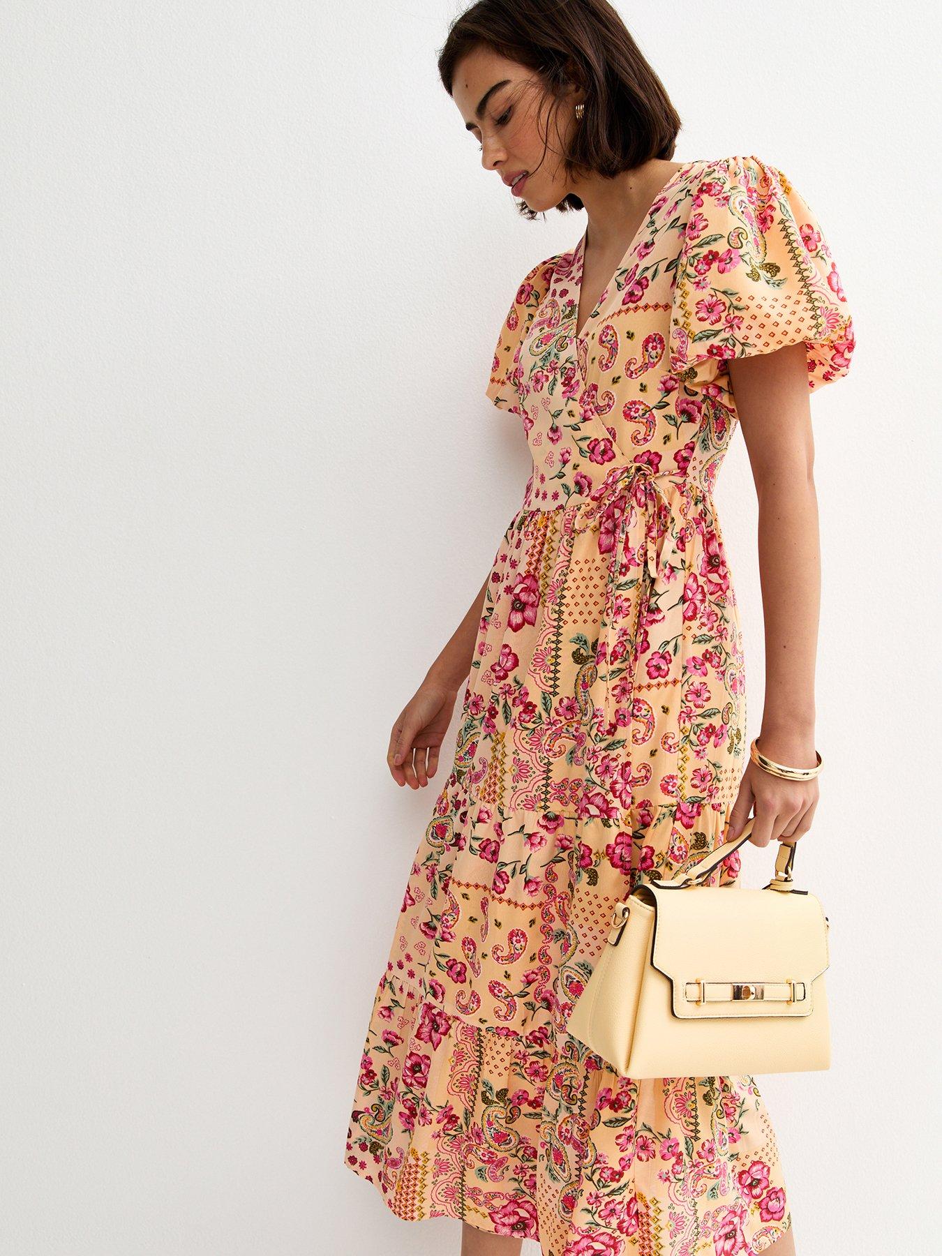 Image 3 of 5 of New Look Crepe Patch Print Wrap Midi Dress - Pink