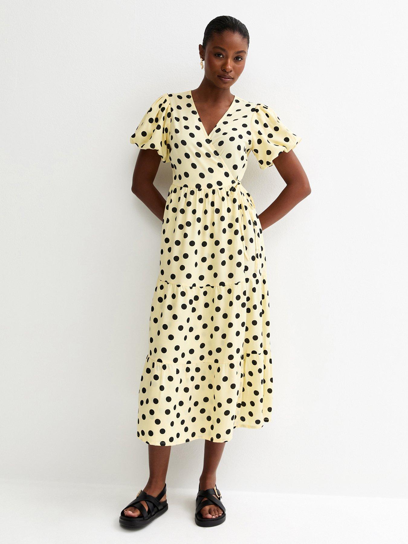 Image 1 of 5 of New Look Crepe Polka Dot Midi Dress - Yellow