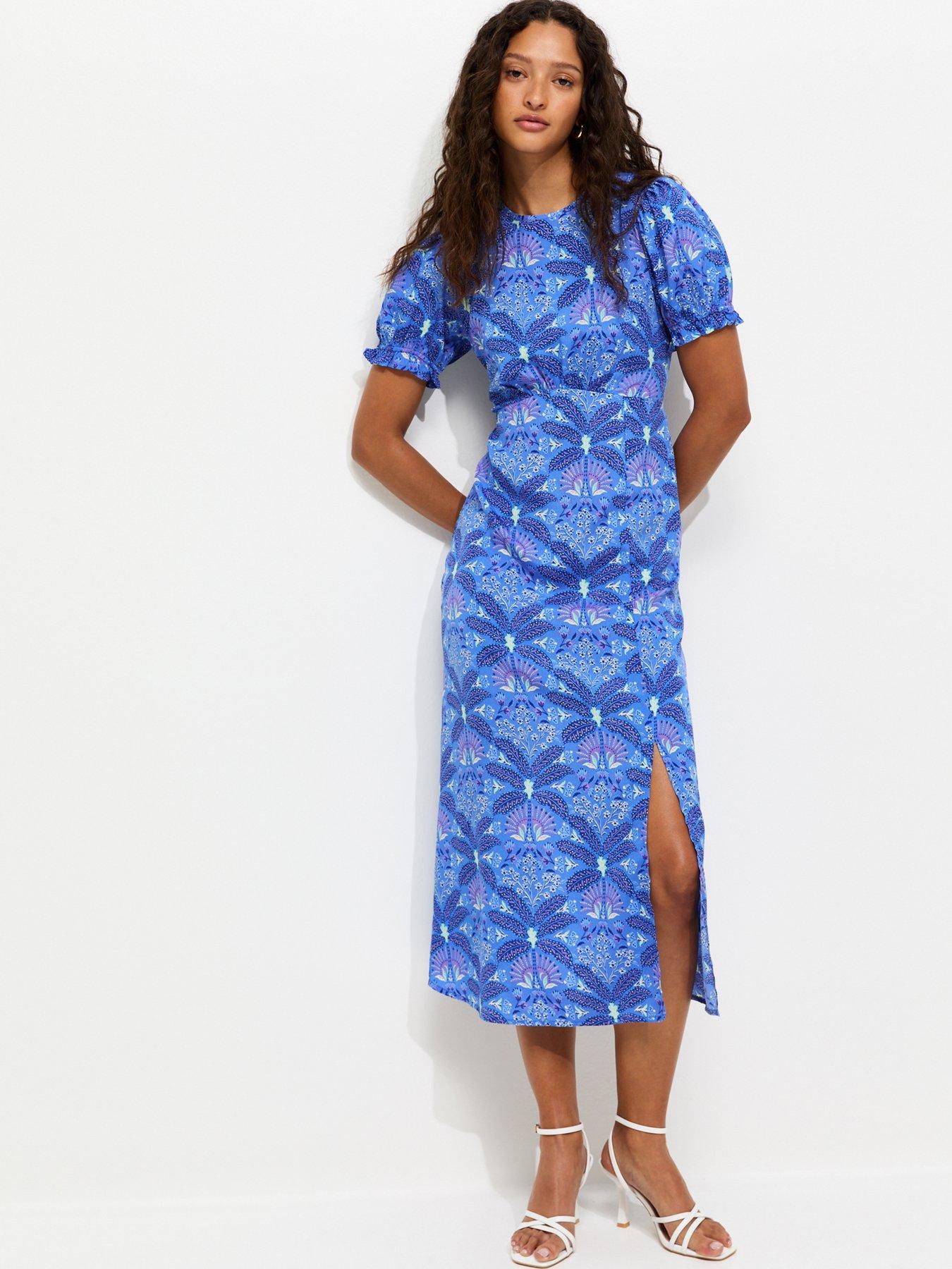 New Look Tropical Print Crepe Short Sleeve Midi Dress - Blue
