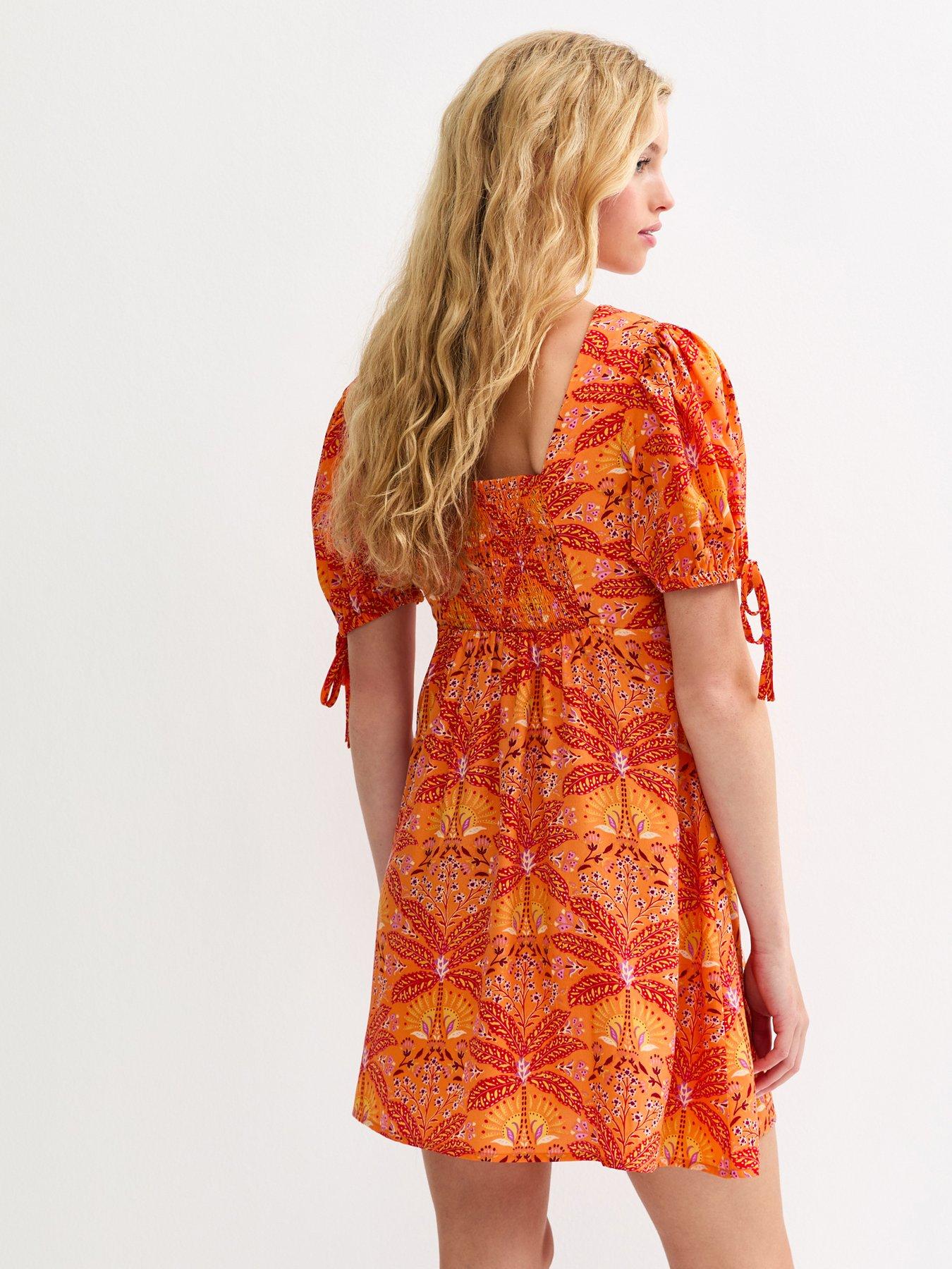 Image 2 of 5 of New Look Patterned Tie Sleeve Mini Dress - Orange