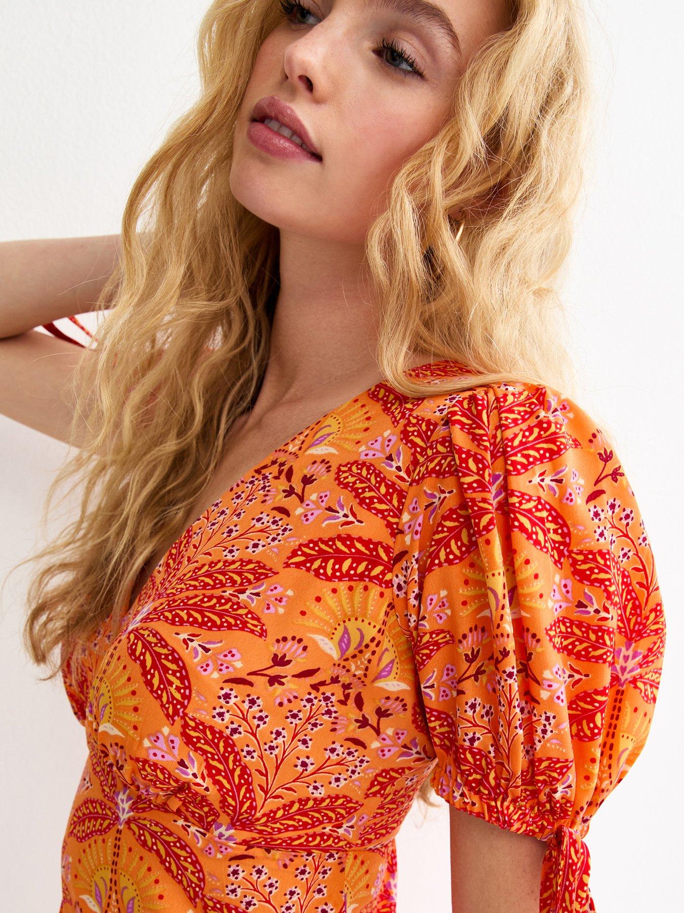 Image 4 of 5 of New Look Patterned Tie Sleeve Mini Dress - Orange