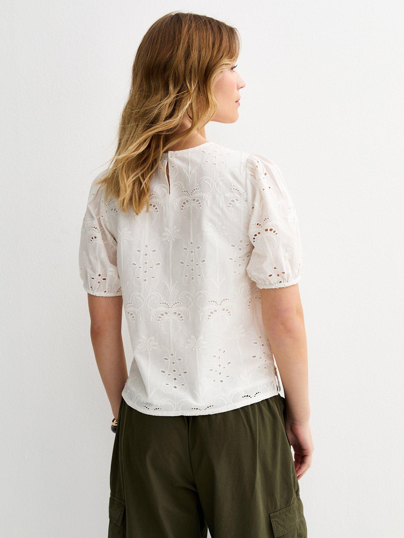 Image 2 of 5 of New Look White Palm Cutwork Puff Blouse