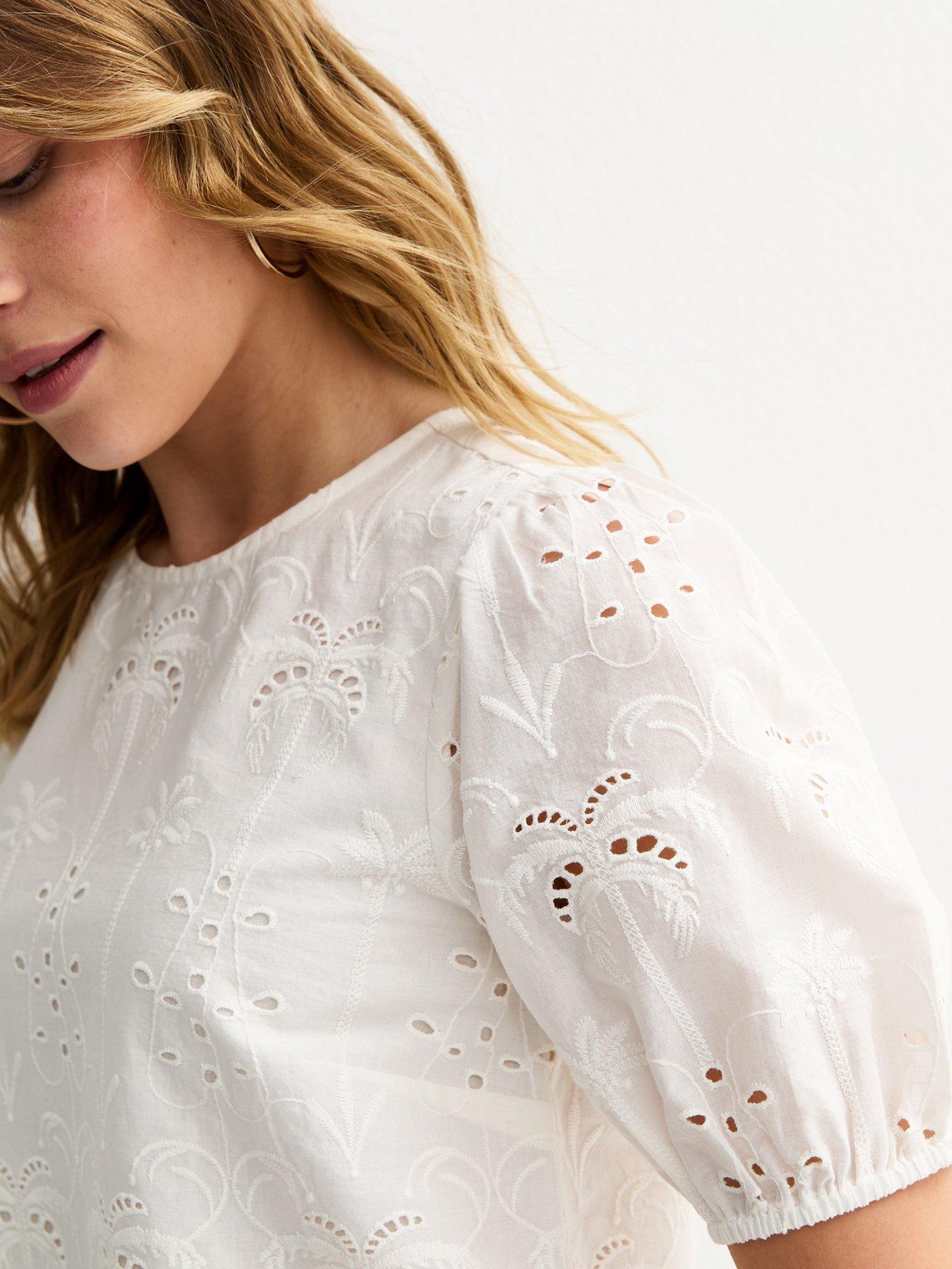 Image 4 of 5 of New Look White Palm Cutwork Puff Blouse