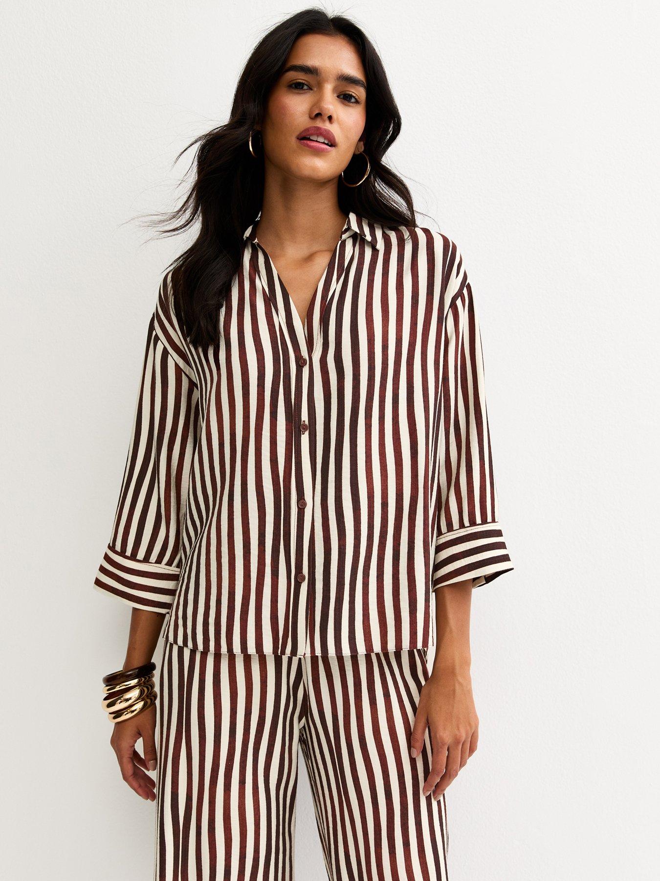 New Look Dark Brown Striped 3/4 Sleeve Shirt
