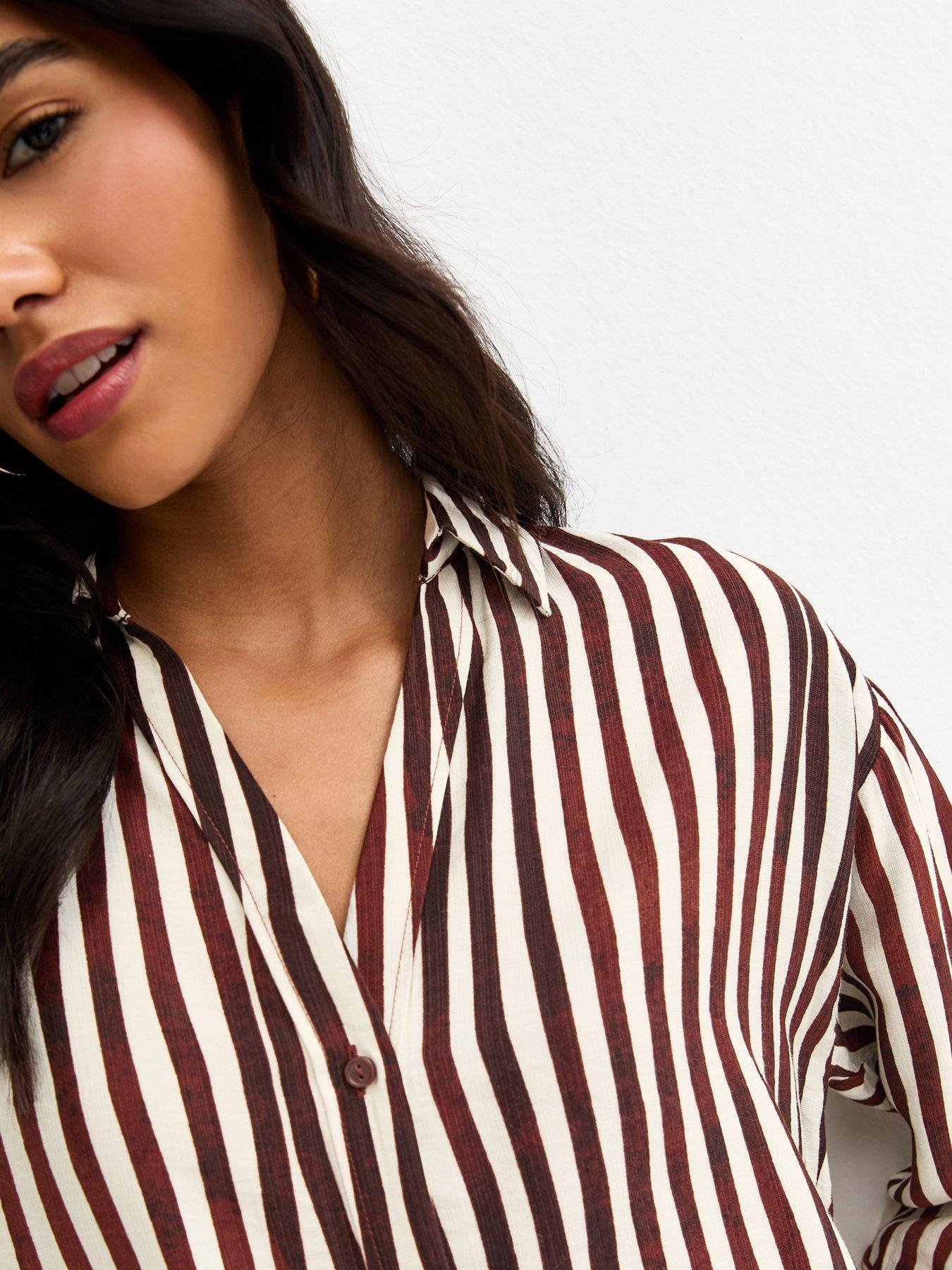 new-look-striped-34-sleeve-shirt-dark-brownoutfit
