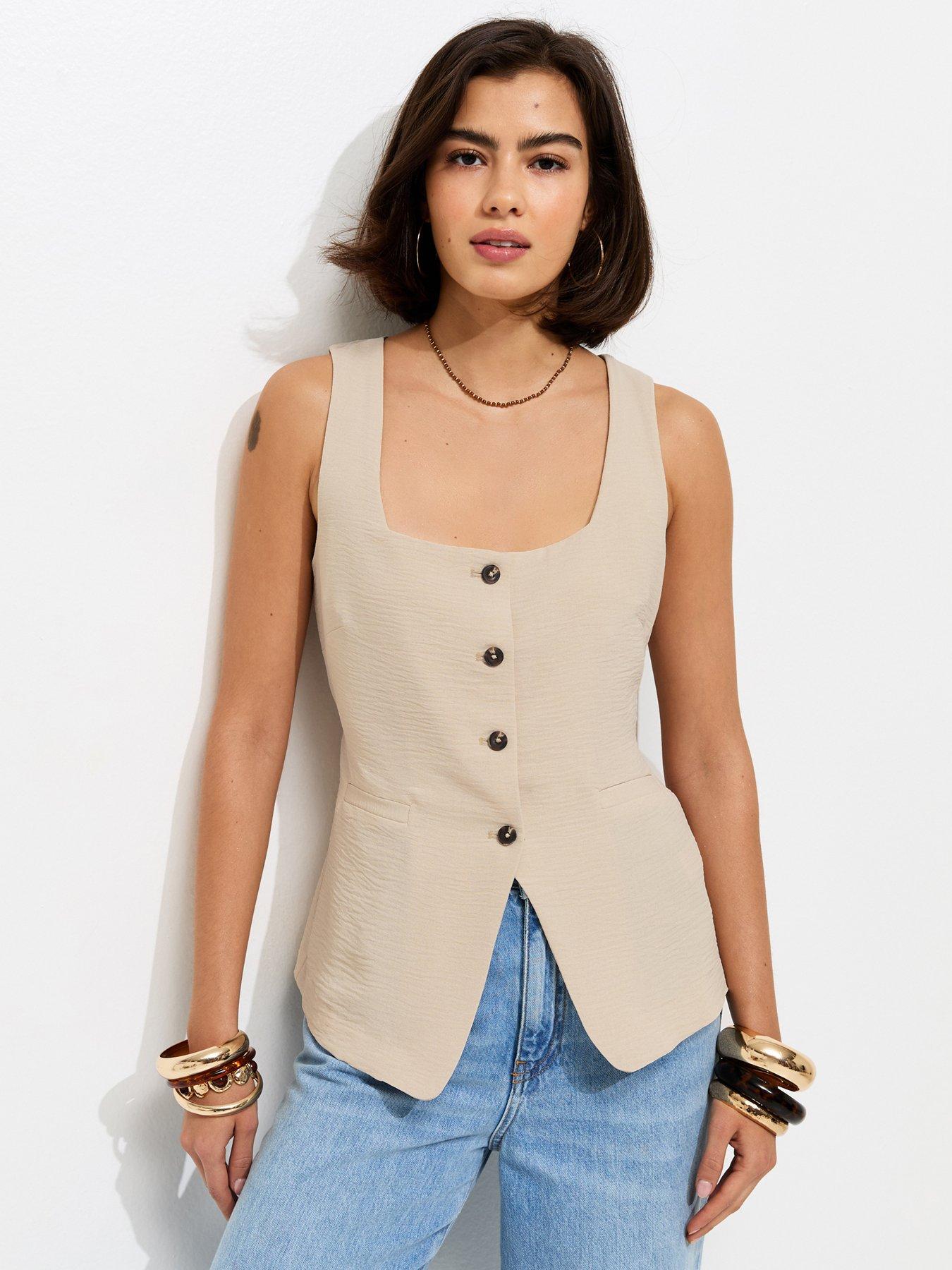 Image 1 of 5 of New Look Stone Square Neck Button Down Waistcoat