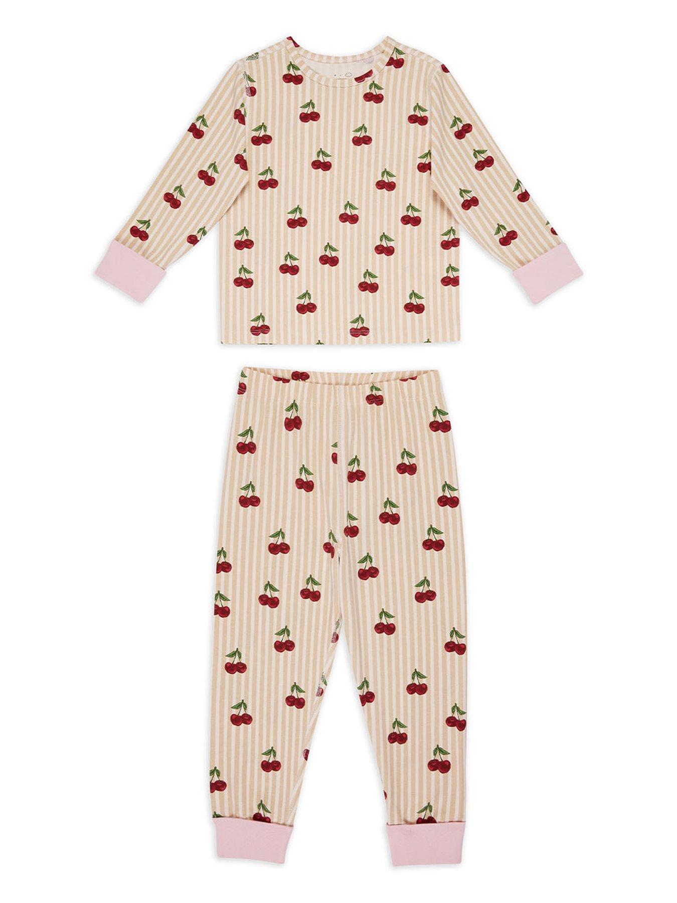 CHELSEA PEERS Kids Cotton Cherry Stripe Print Long Pyjama Set - Light Cream