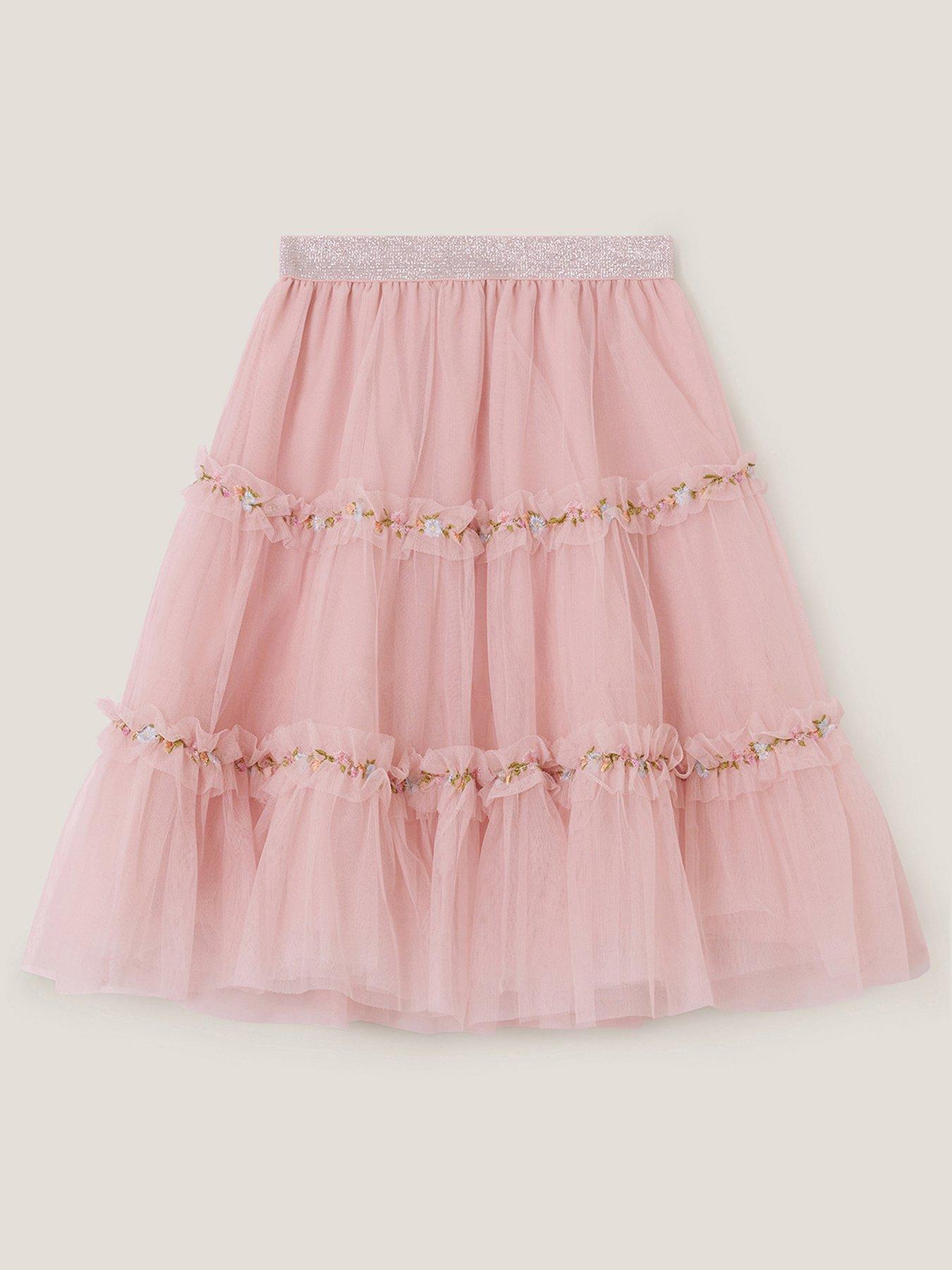 Image 1 of 3 of Monsoon Girls Long Mesh Embroidered Skirt - Pink