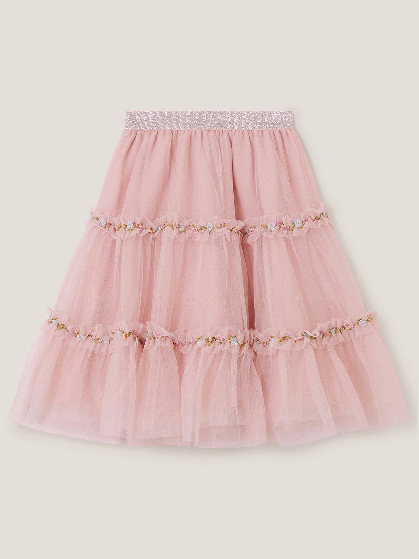 Image 2 of 3 of Monsoon Girls Long Mesh Embroidered Skirt - Pink